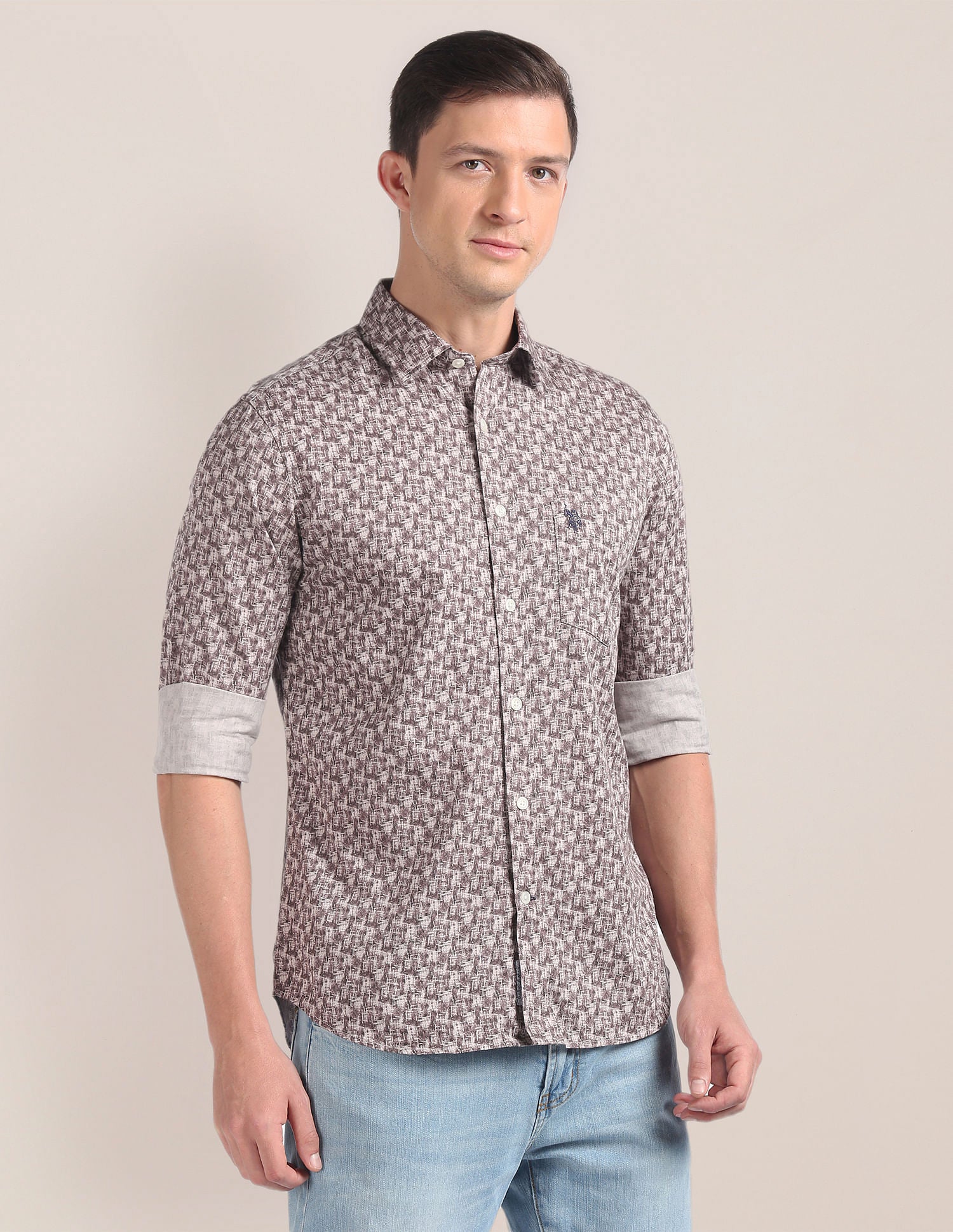 Abstract Print Cotton Twill Shirt Brown - uspoloassn-test.in | Large