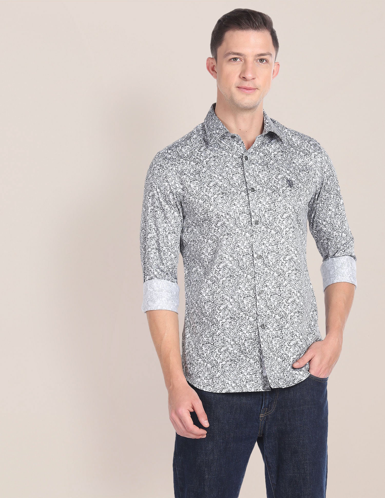 Abstract Print Twill Shirt Grey - uspoloassn-test.in | Large