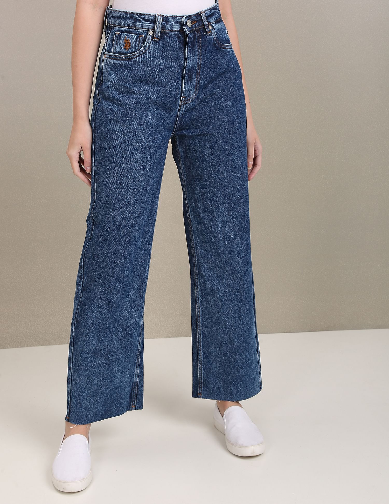 Acid Wash Unfinished Hem Wide Leg Jeans