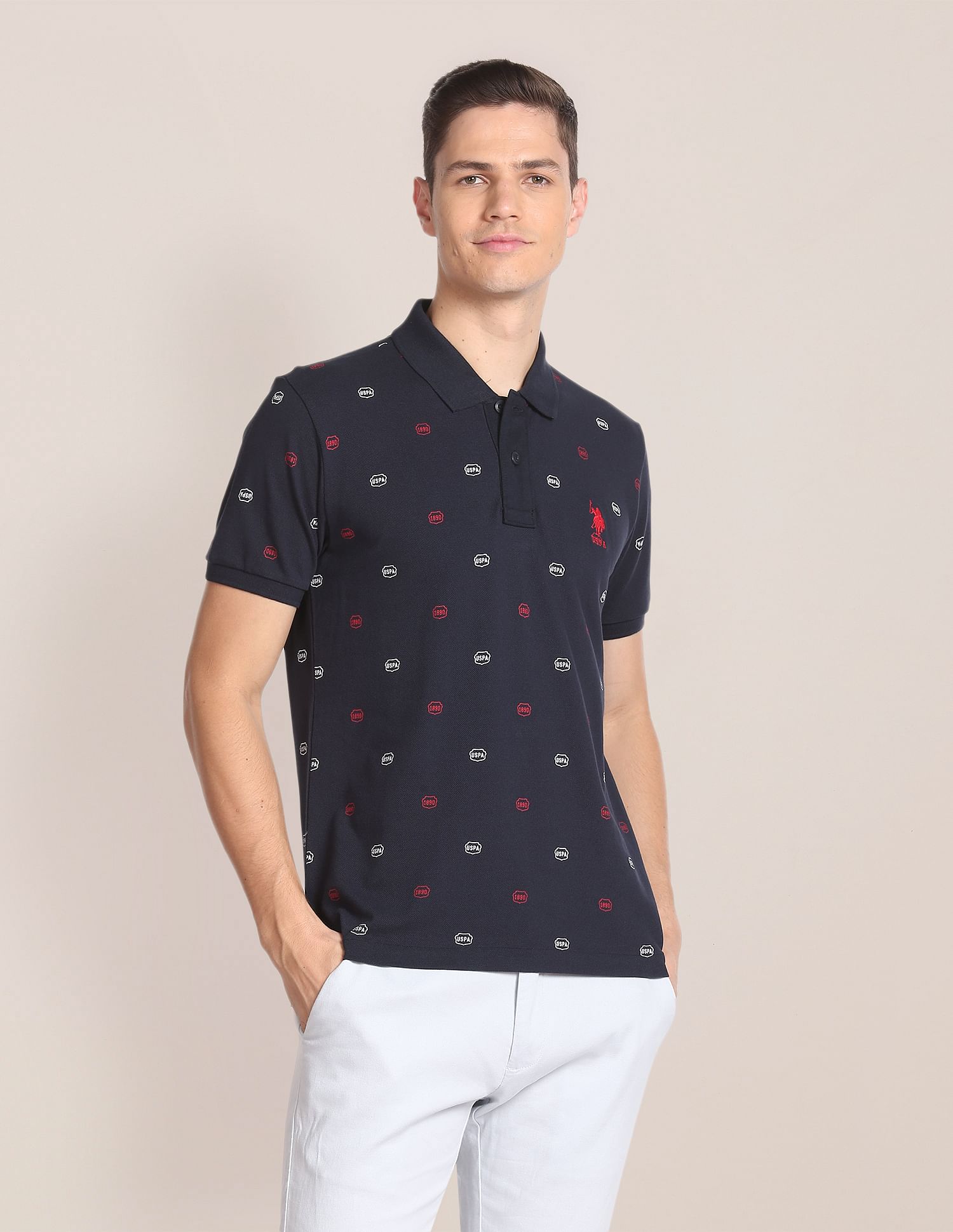 All Over Brand Print Cotton Polo Shirt Navy - uspoloassn-test.in | Large