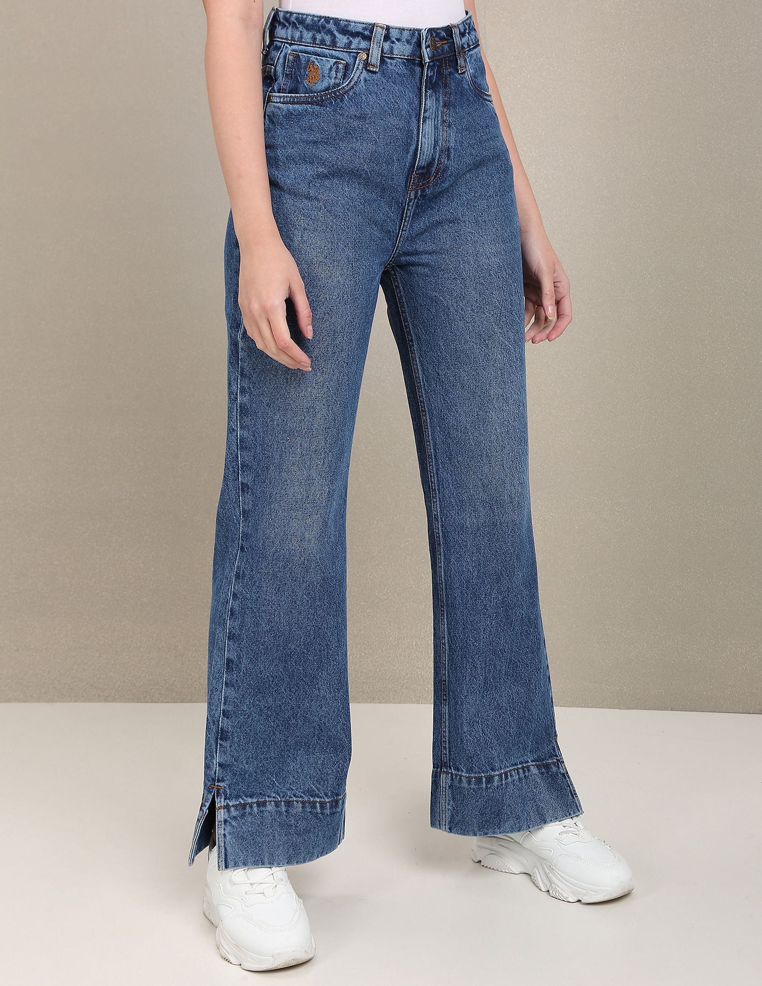 Acid Wash Vented Hem Flared Jeans