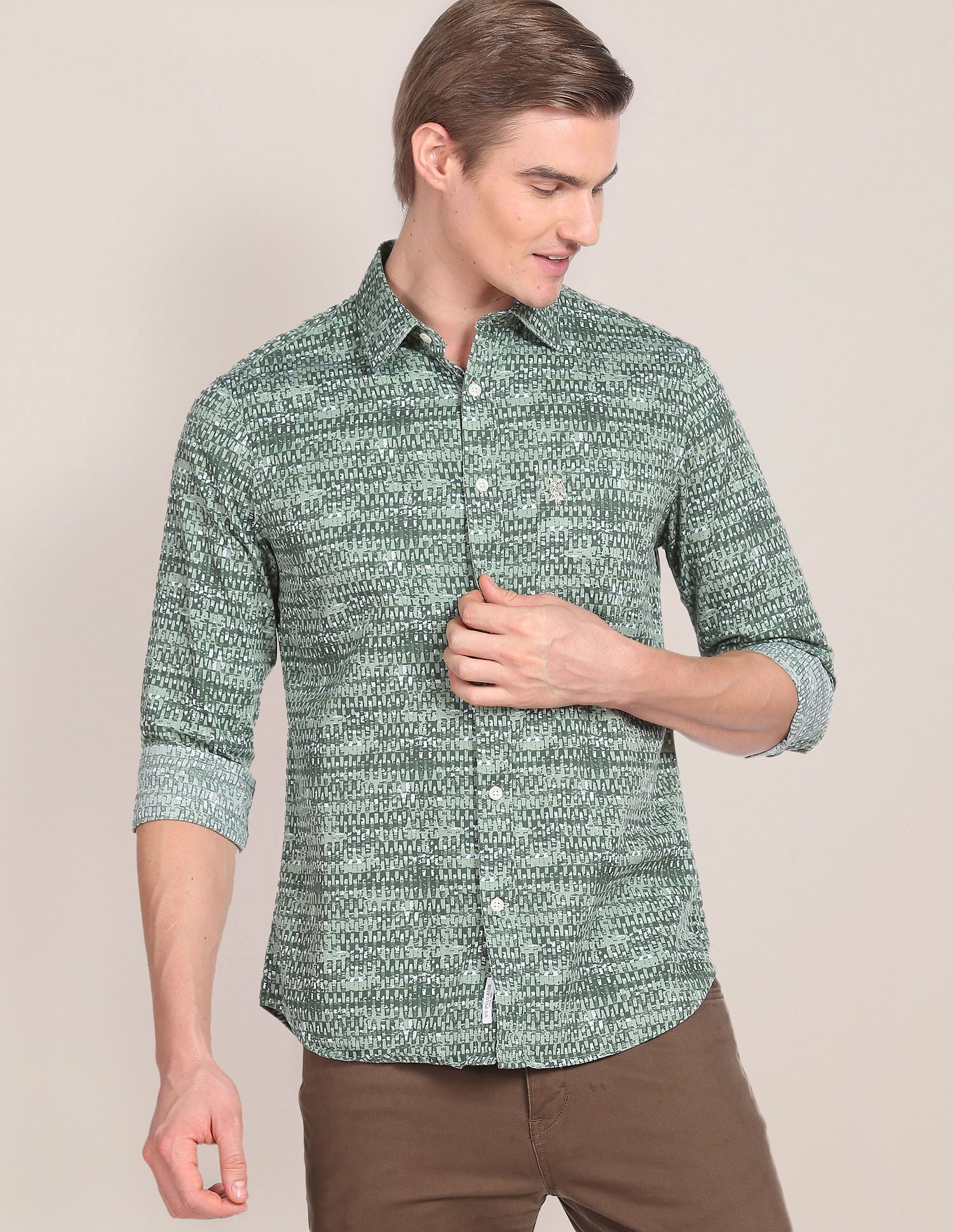 Abstract Print Cotton Twill Shirt Green - uspoloassn-test.in | Large