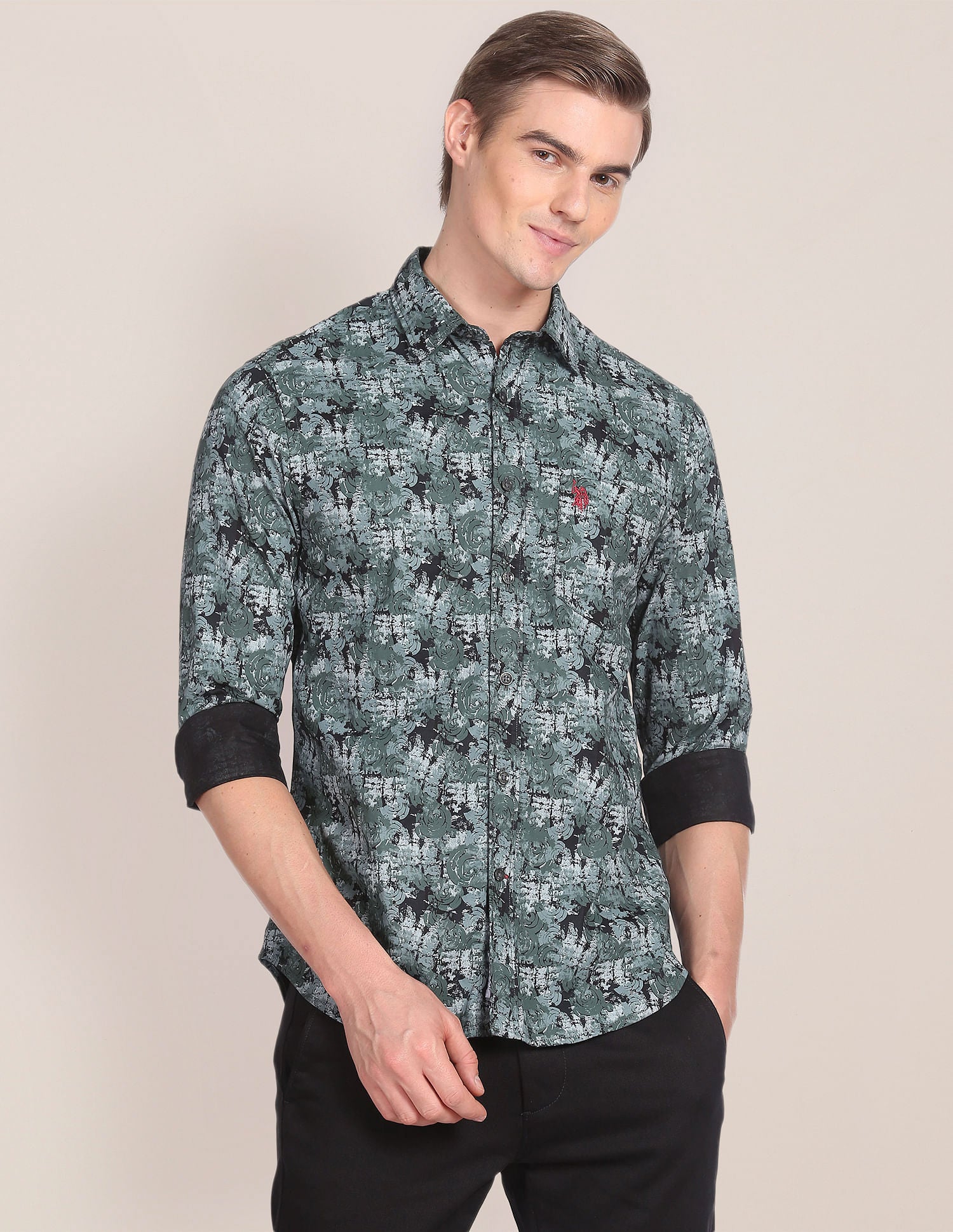 Abstract Print Twill Tailored Shirt Black and Green - uspoloassn-test.in | Large