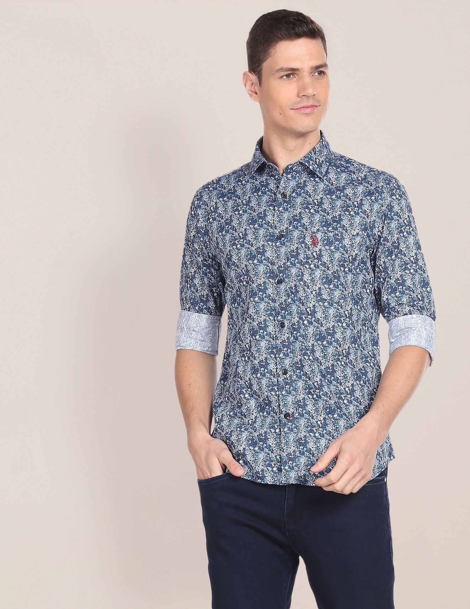 Abstract Print Cotton Shirt Navy - uspoloassn-test.in | Large