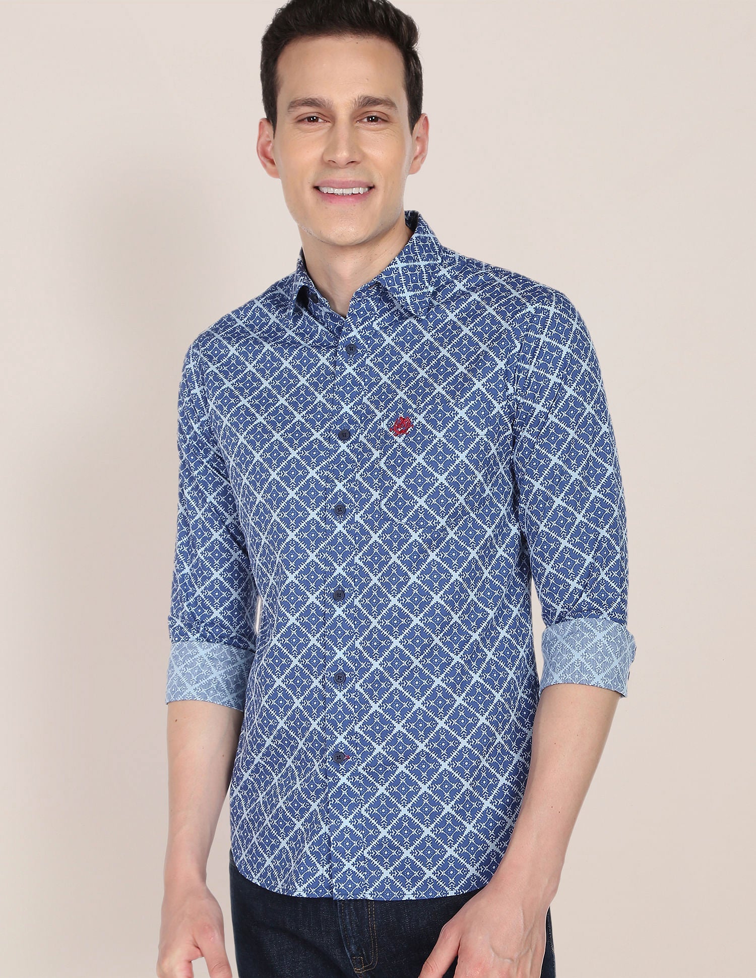 Abstract Print Premium Cotton Casual Shirt Blue - uspoloassn-test.in | Large