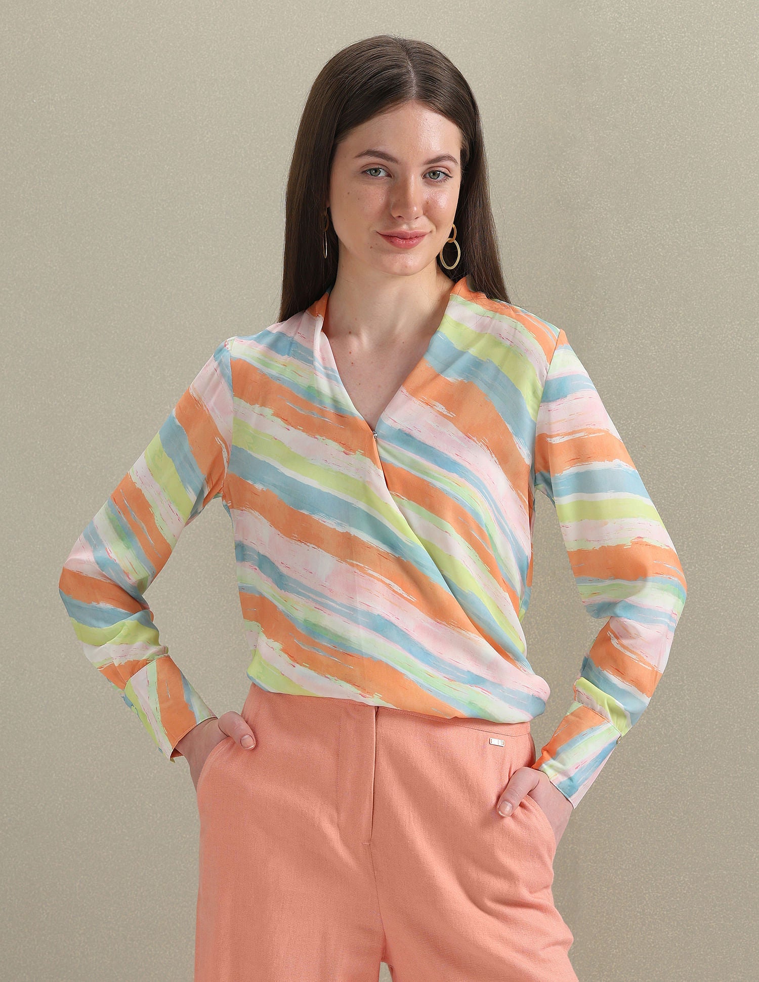 Abstract Print Satin Wrap Top