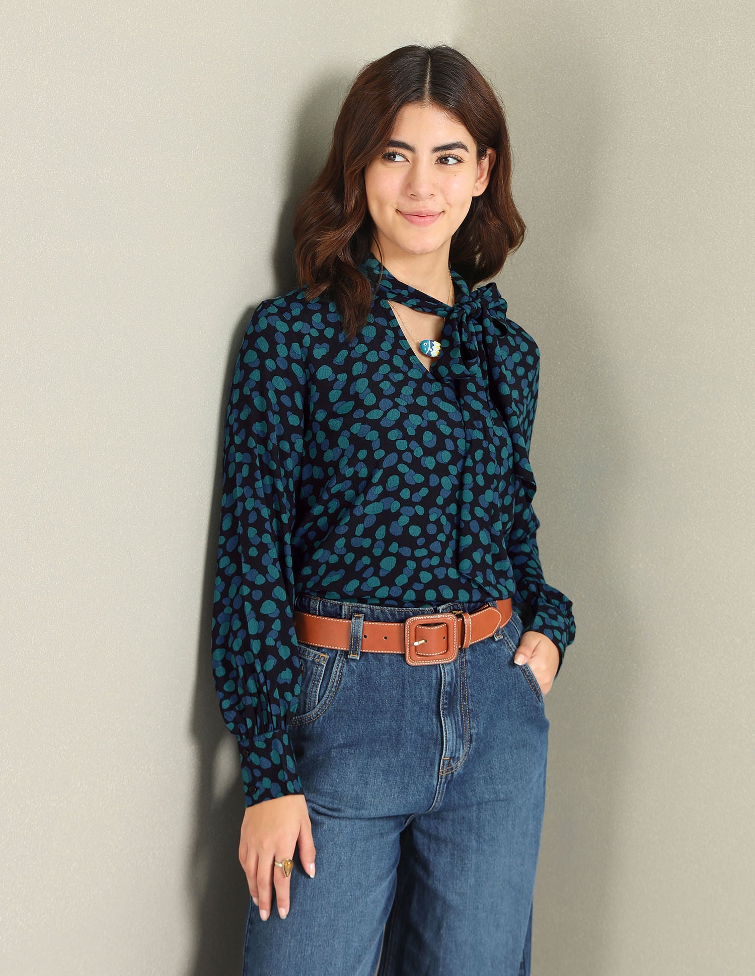 Abstract Print Bow Collar Top