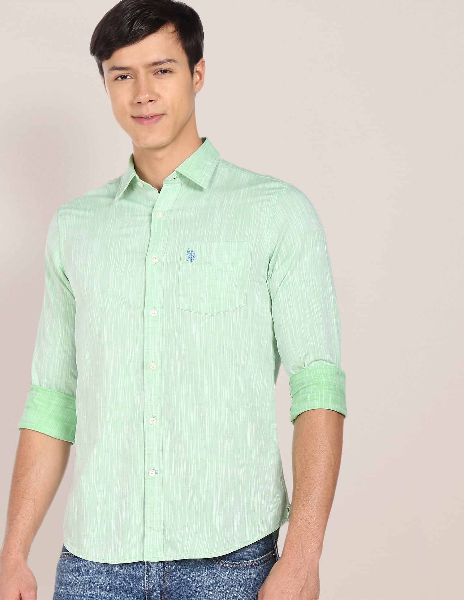 Abstract Tailored Regular Fit Cotton Casual Shirt Green - uspoloassn-test.in | Large