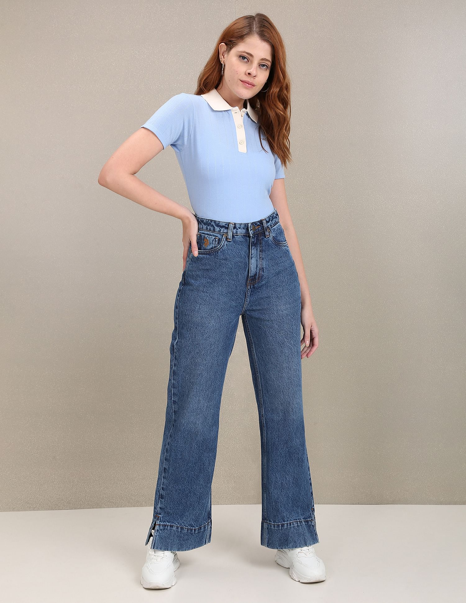 Acid Wash Vented Hem Flared Jeans Dark Blue - uspoloassn-test.in | Large