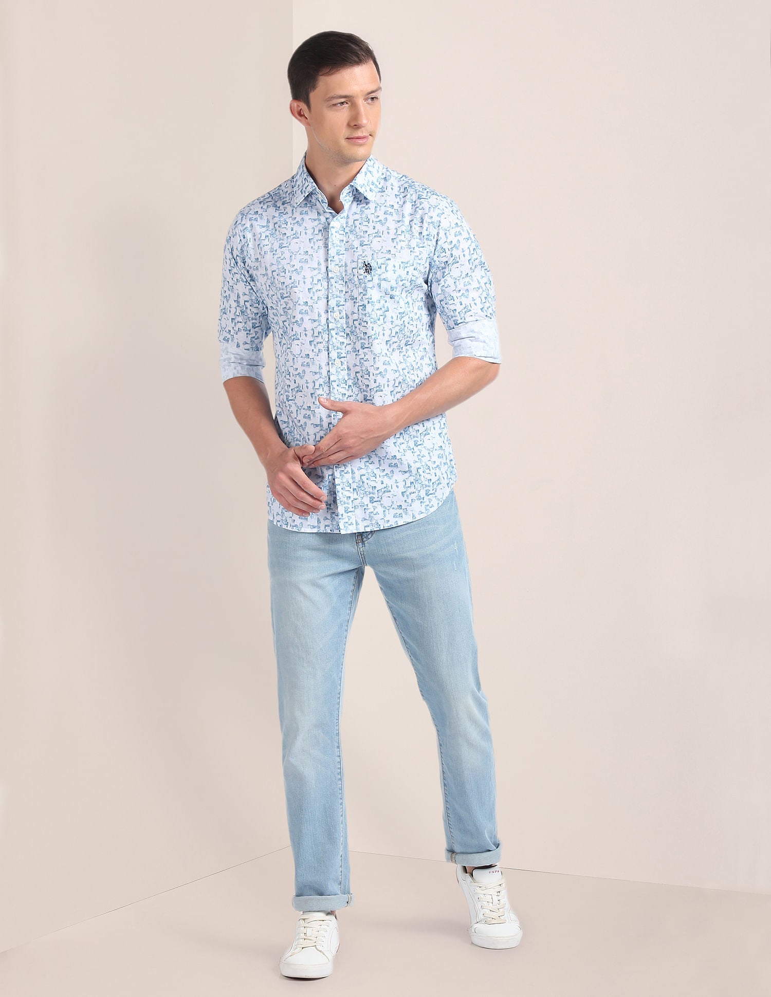 Abstract Print Cotton Shirt Light Blue - uspoloassn-test.in | Large