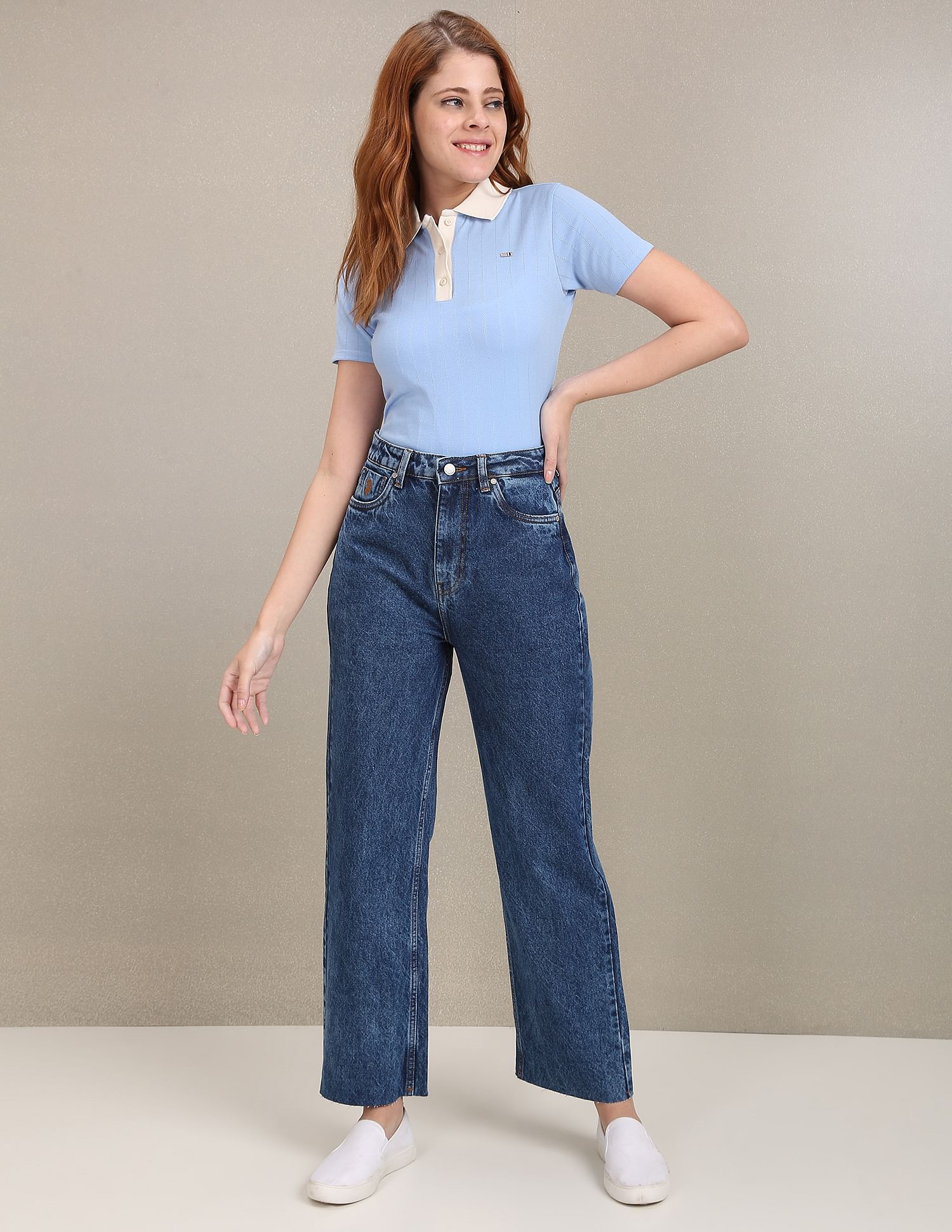 Acid Wash Unfinished Hem Wide Leg Jeans Dark Blue - uspoloassn-test.in | Large