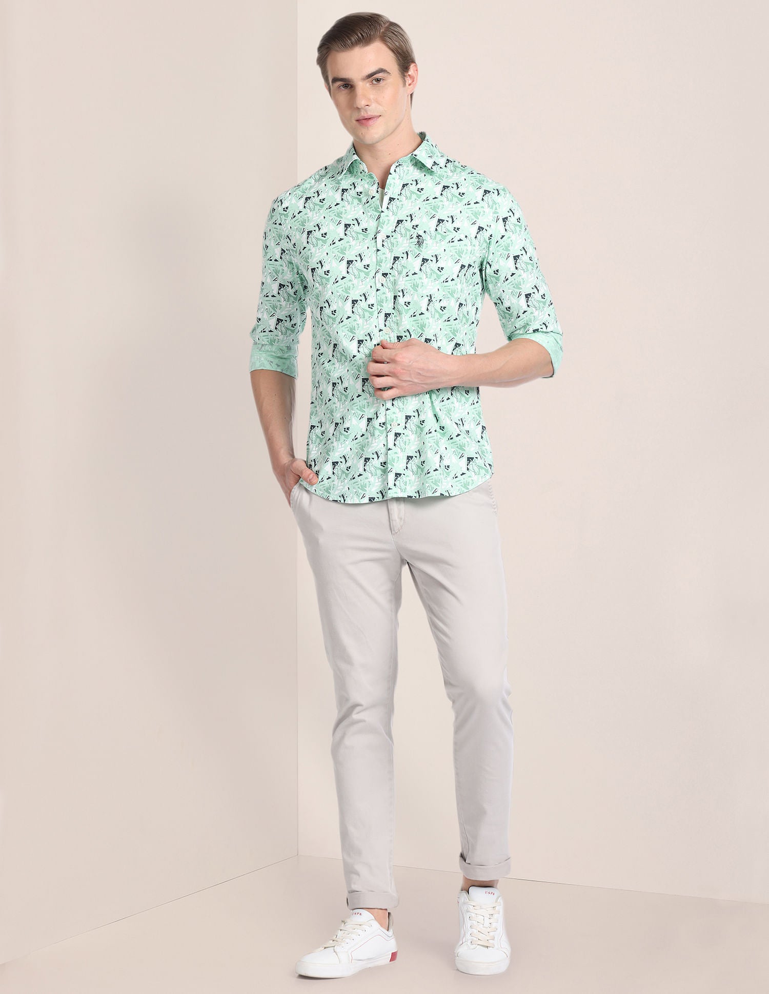 Abstract Print Cotton Shirt Green - uspoloassn-test.in | Large