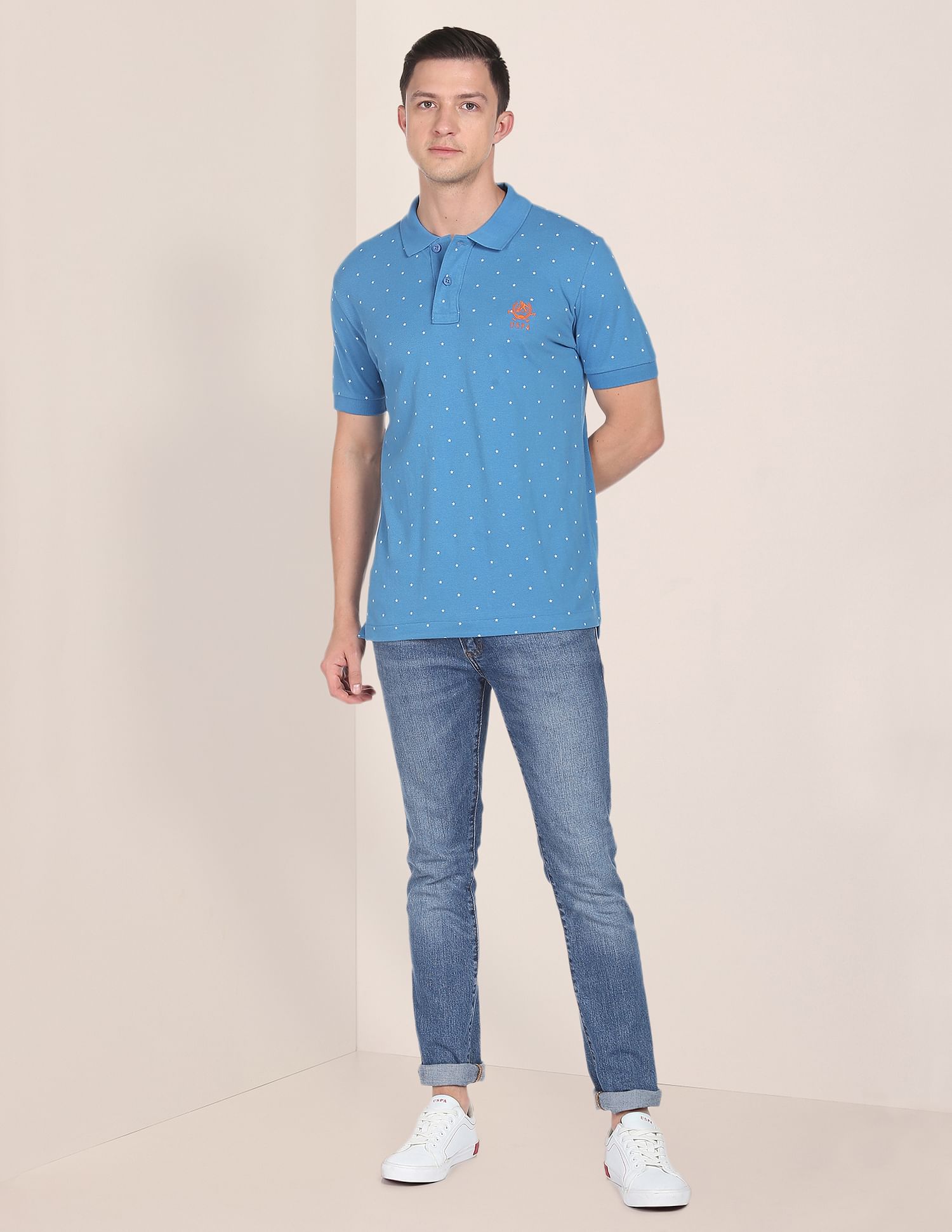 All Geometric Cotton Polo Shirt Blue - uspoloassn-test.in | Large