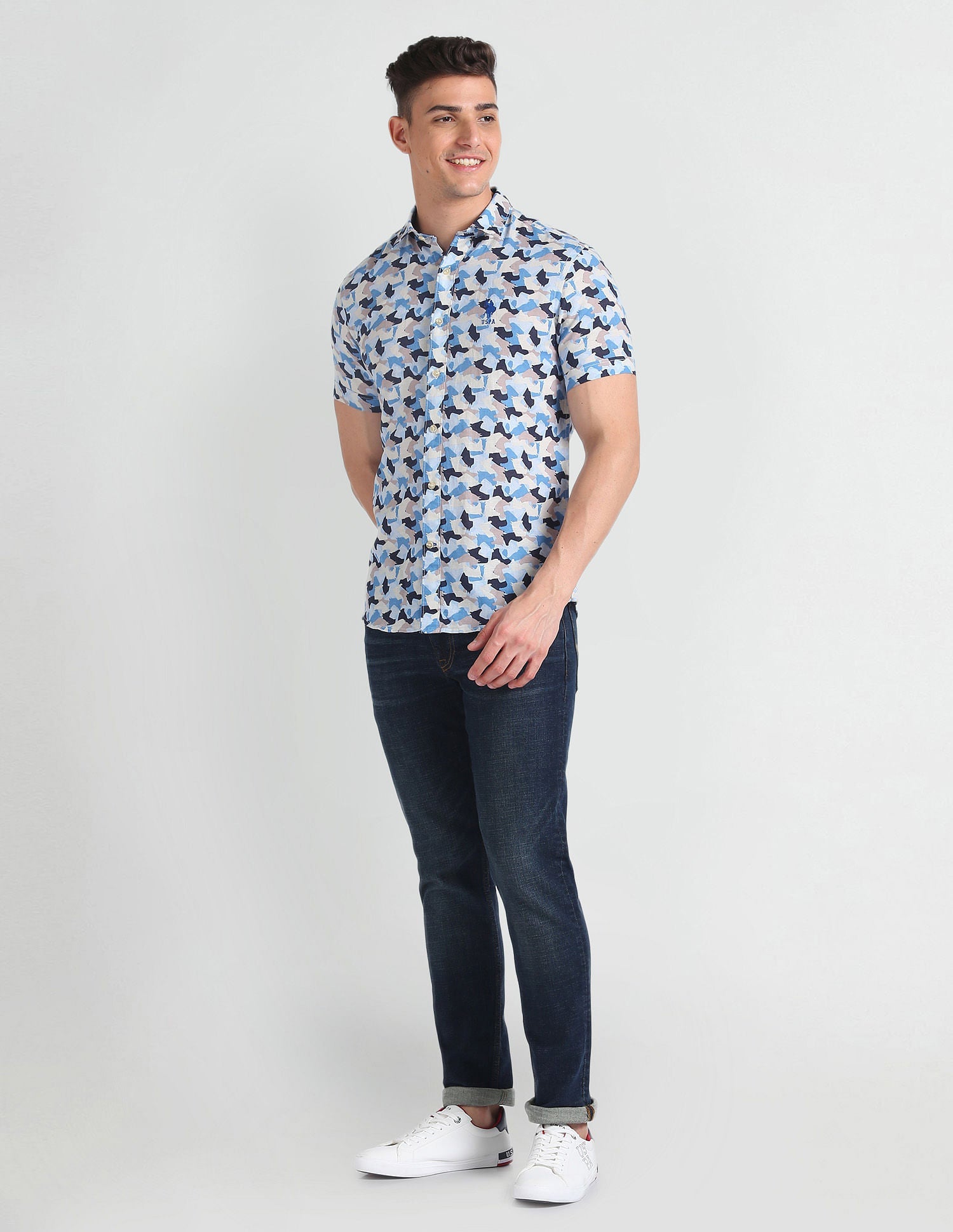 Abstract Print Slim Fit Shirt Blue - uspoloassn-test.in | Large