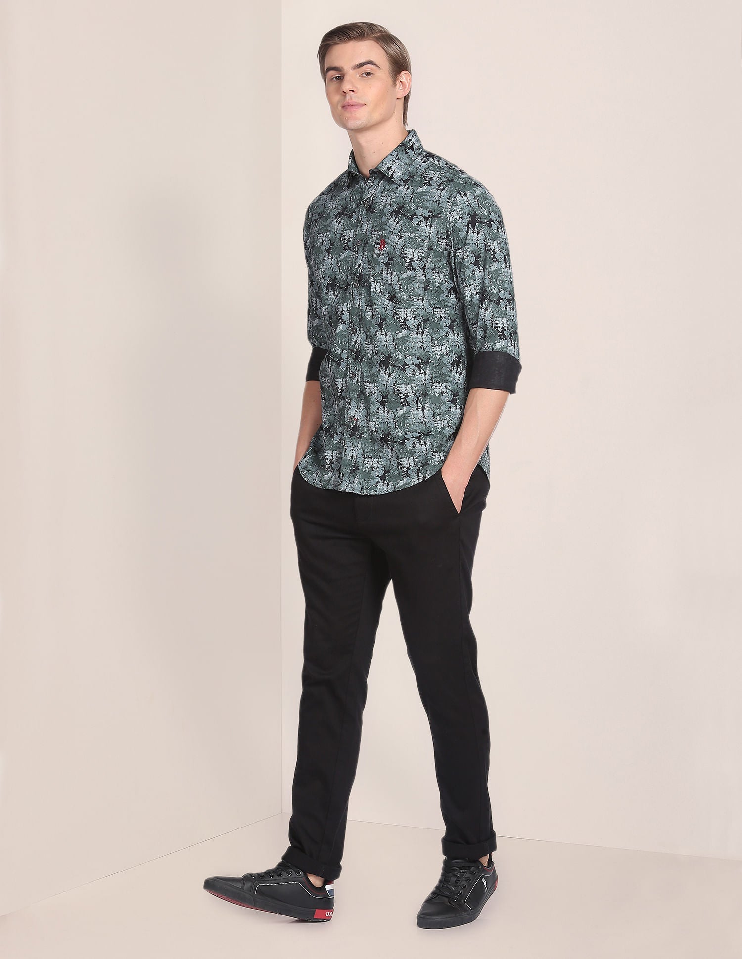 Abstract Print Twill Tailored Shirt Black and Green - uspoloassn-test.in | Large