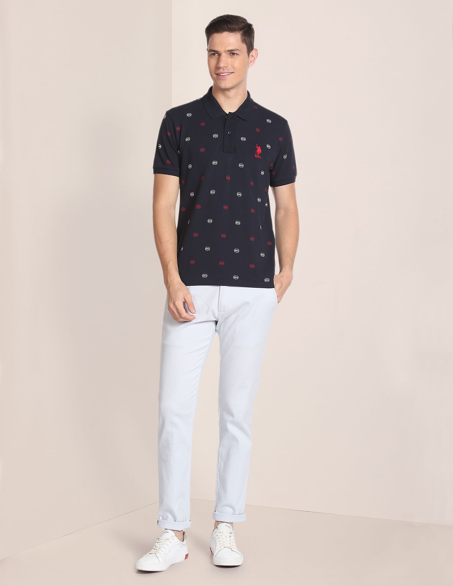 All Over Brand Print Cotton Polo Shirt Navy - uspoloassn-test.in | Large