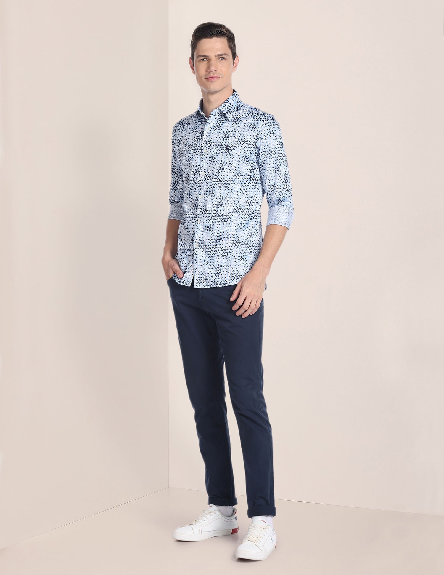 Abstract Print Sateen Shirt Light Blue - uspoloassn-test.in | Large