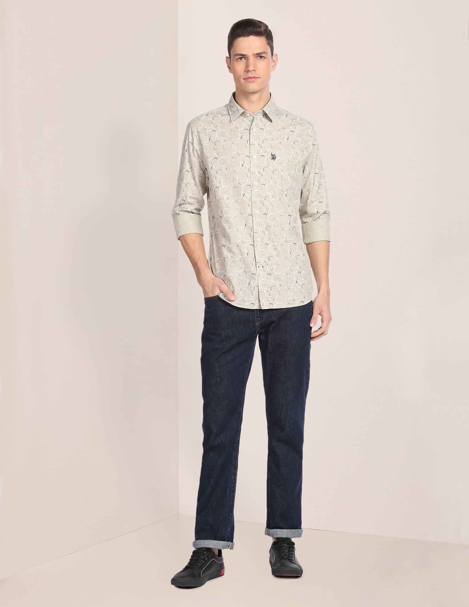Abstract Print Tailored Fit Shirt Beige - uspoloassn-test.in | Large