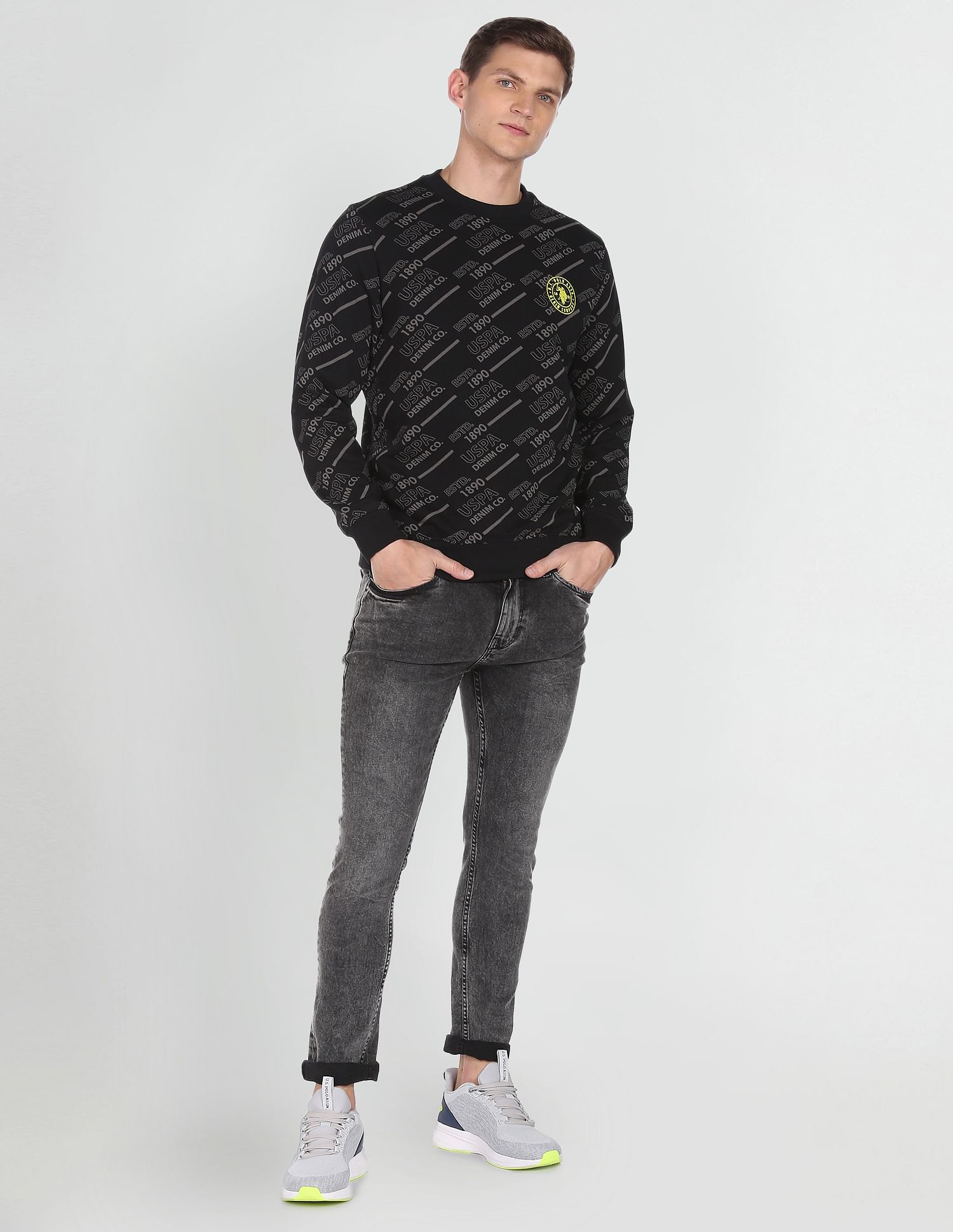 All Over Brand Print Cotton Sweatshirt Black - uspoloassn-test.in | Large