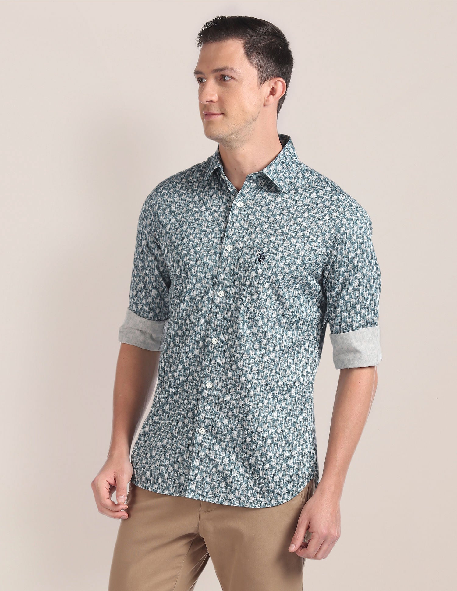 Abstract Print Cotton Twill Shirt Green - uspoloassn-test.in | Large