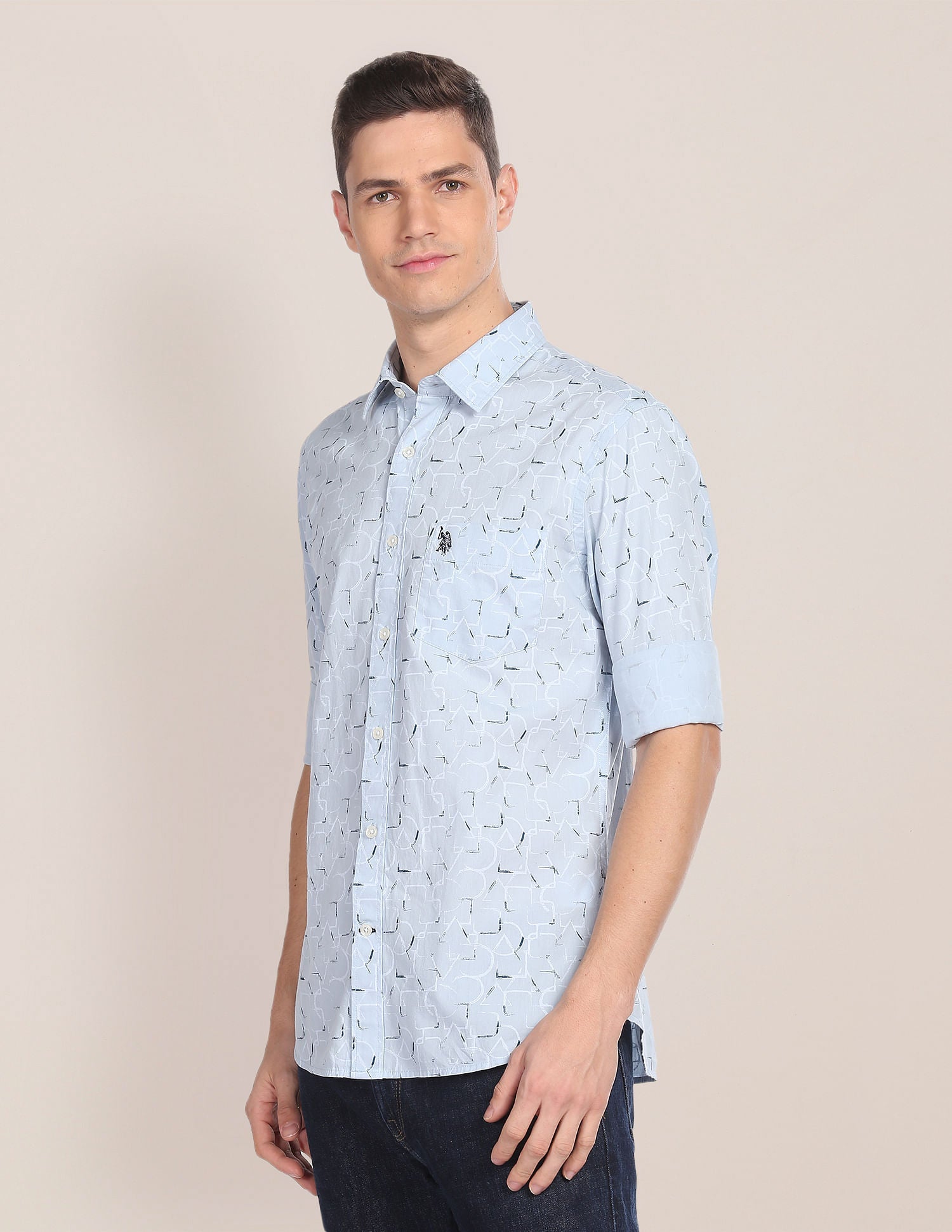 Abstract Print Tailored Fit Shirt Blue - uspoloassn-test.in | Large