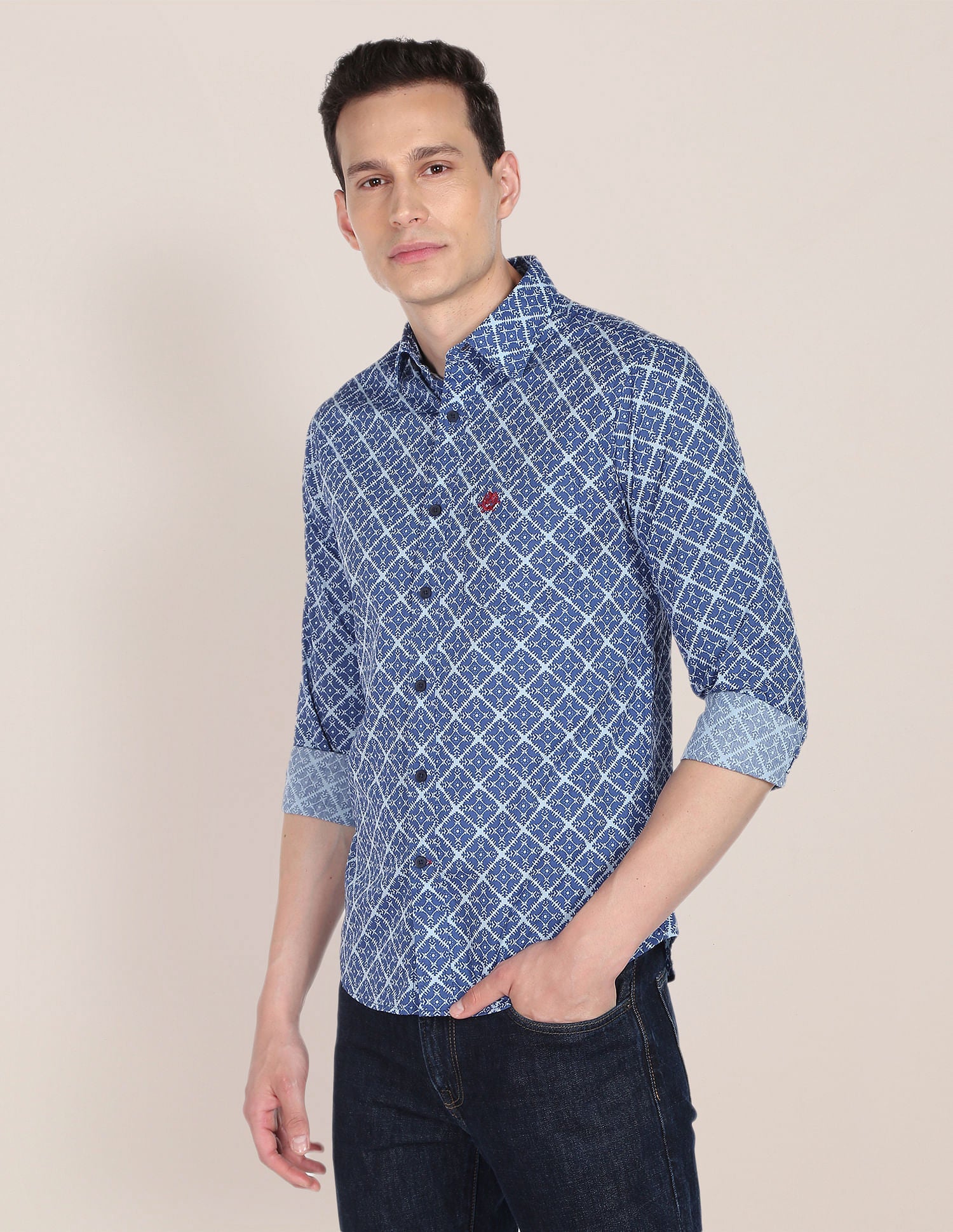 Abstract Print Premium Cotton Casual Shirt Blue - uspoloassn-test.in | Large