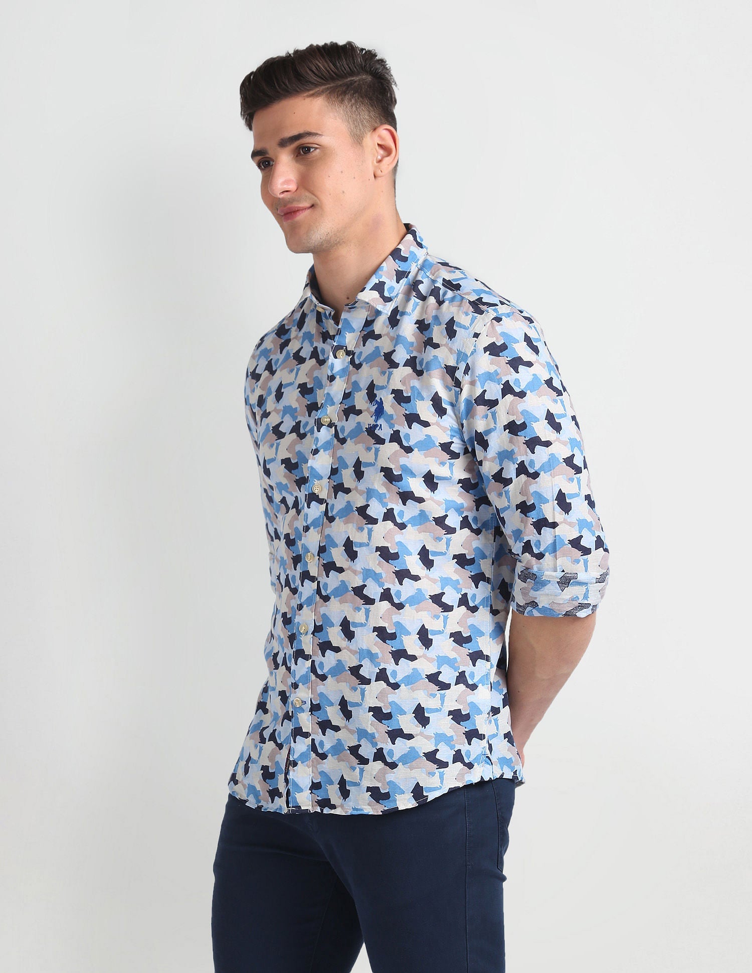 Abstract Print Slim Fit Shirt Blue - uspoloassn-test.in | Large