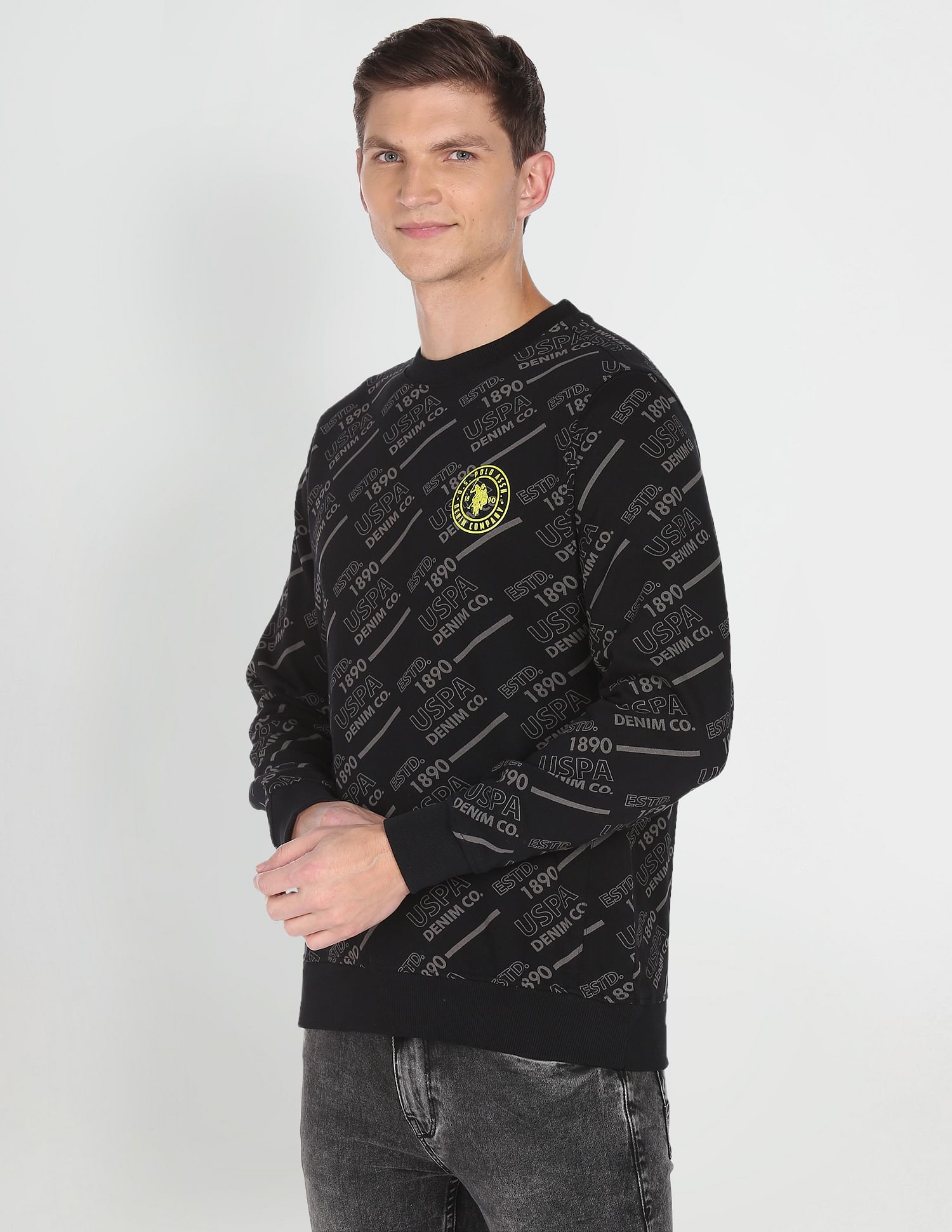 All Over Brand Print Cotton Sweatshirt Black - uspoloassn-test.in | Large