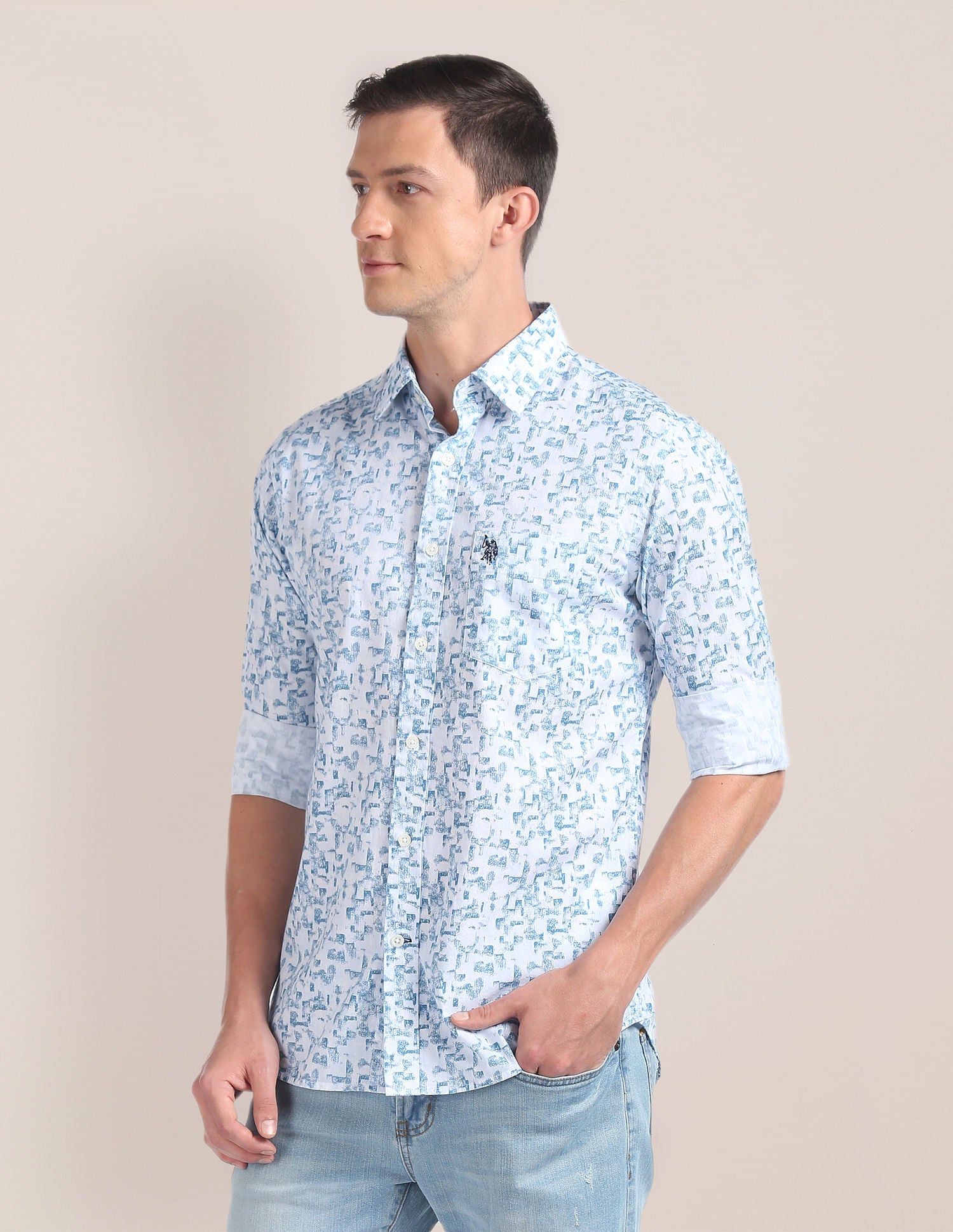 Abstract Print Cotton Shirt Light Blue - uspoloassn-test.in | Large