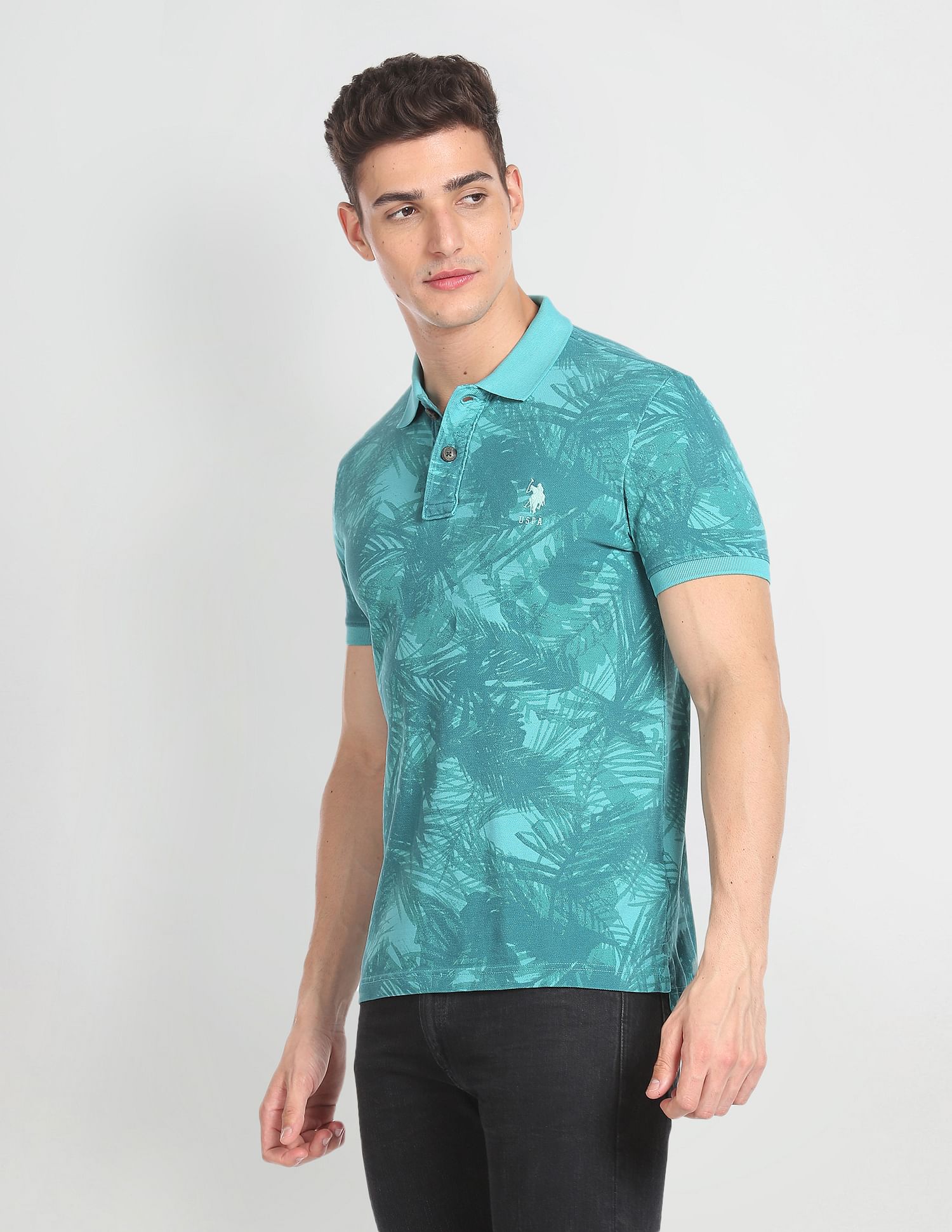 Abstract Print Cotton Polo Shirt Turquoise - uspoloassn-test.in | Large