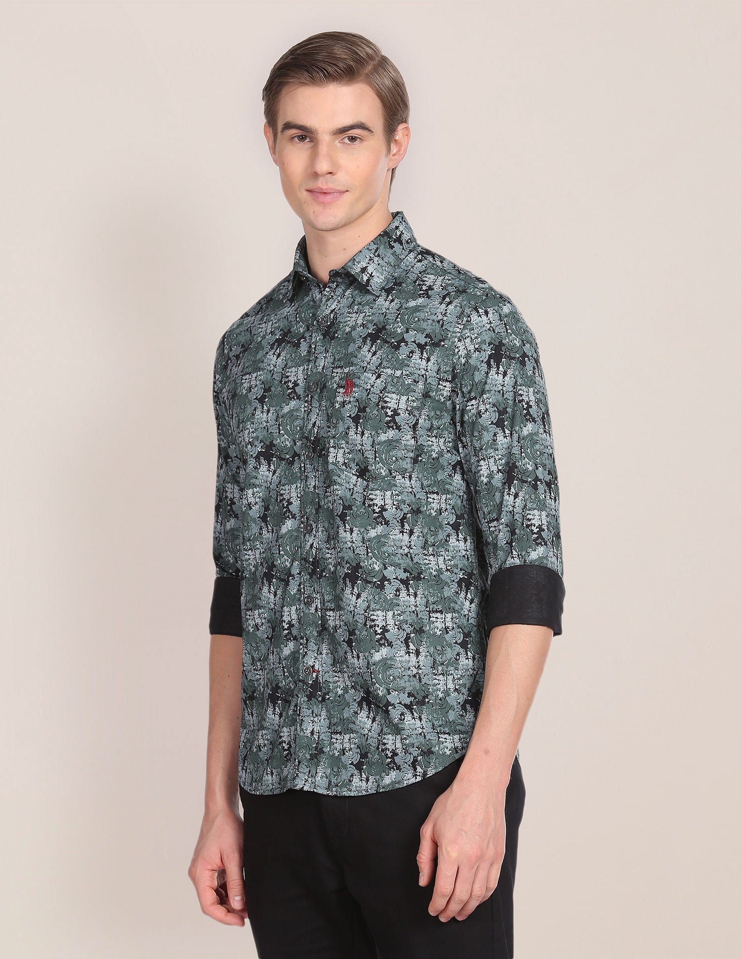 Abstract Print Twill Tailored Shirt Black and Green - uspoloassn-test.in | Large