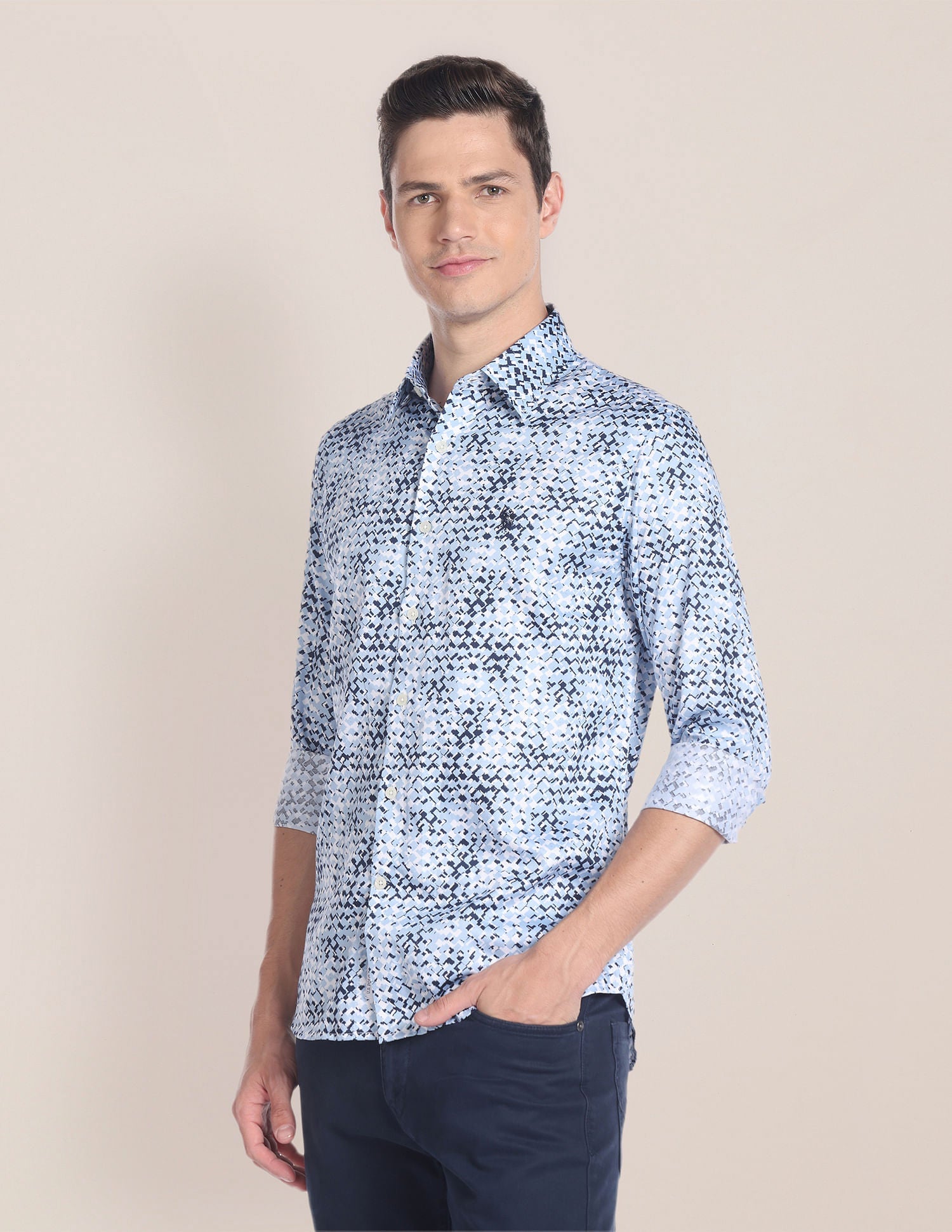 Abstract Print Sateen Shirt Light Blue - uspoloassn-test.in | Large