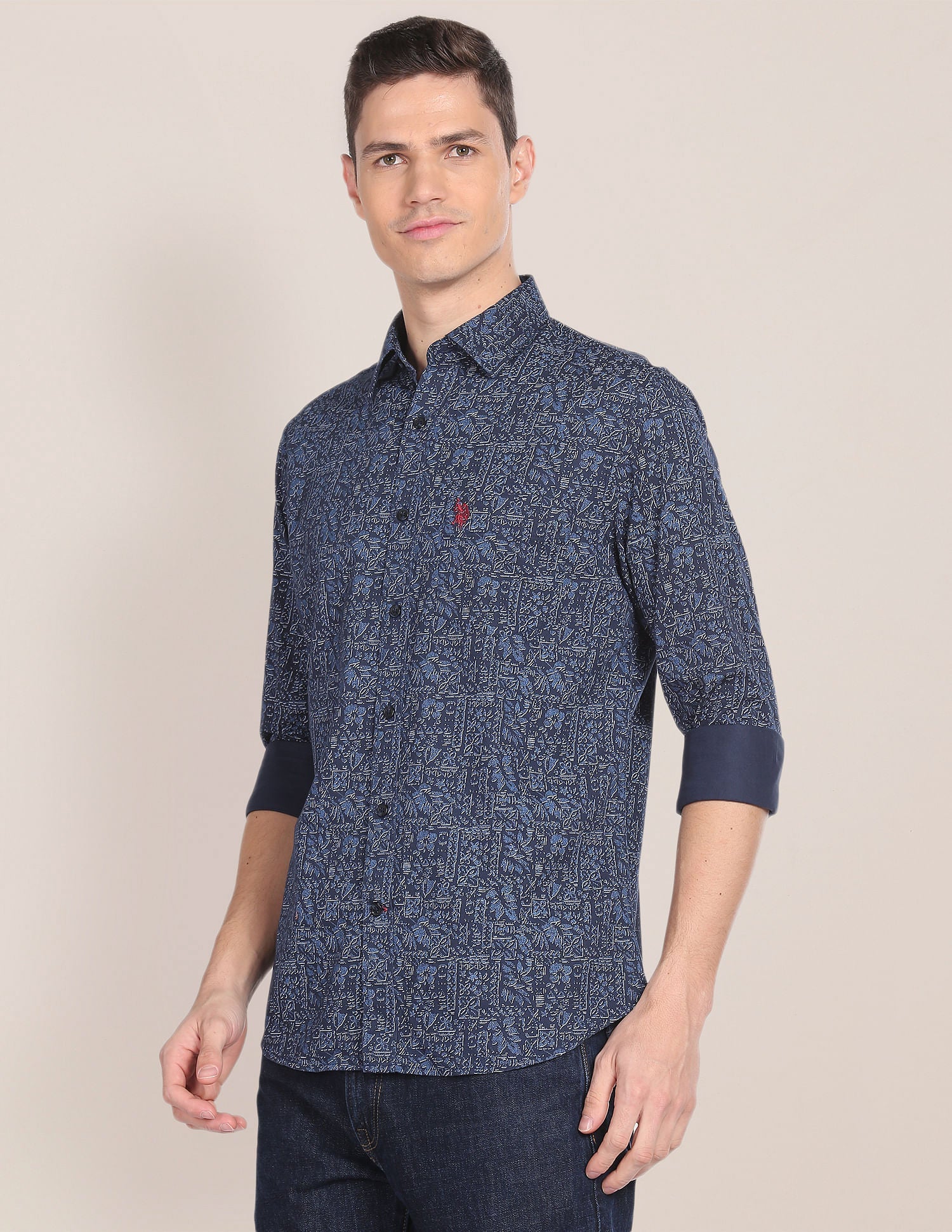 Abstract Print Cotton Shirt Navy - uspoloassn-test.in | Large