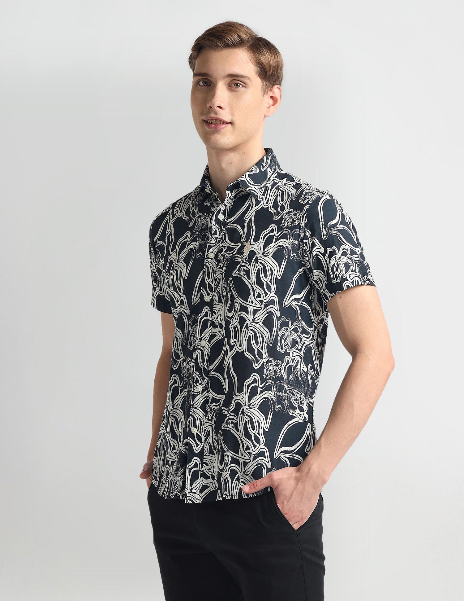 Abstract Print Slim Fit Shirt Black - uspoloassn-test.in | Large