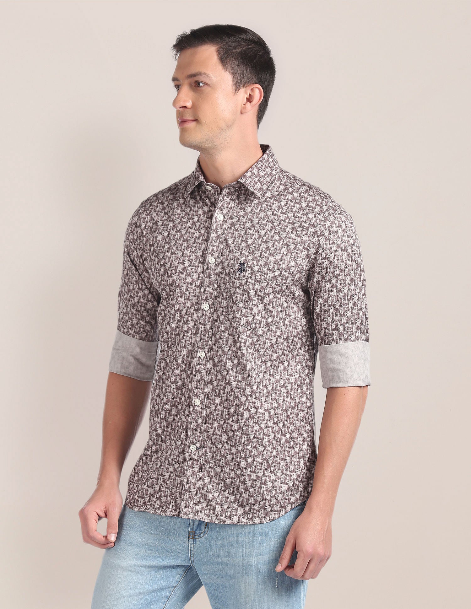 Abstract Print Cotton Twill Shirt Brown - uspoloassn-test.in | Large
