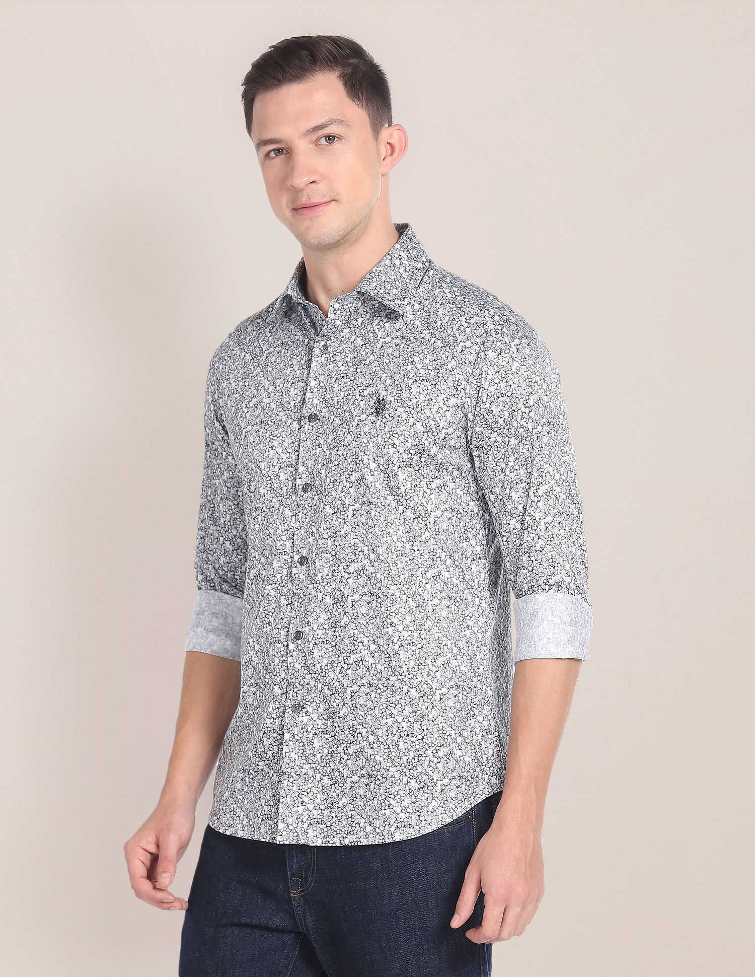 Abstract Print Twill Shirt Grey - uspoloassn-test.in | Large