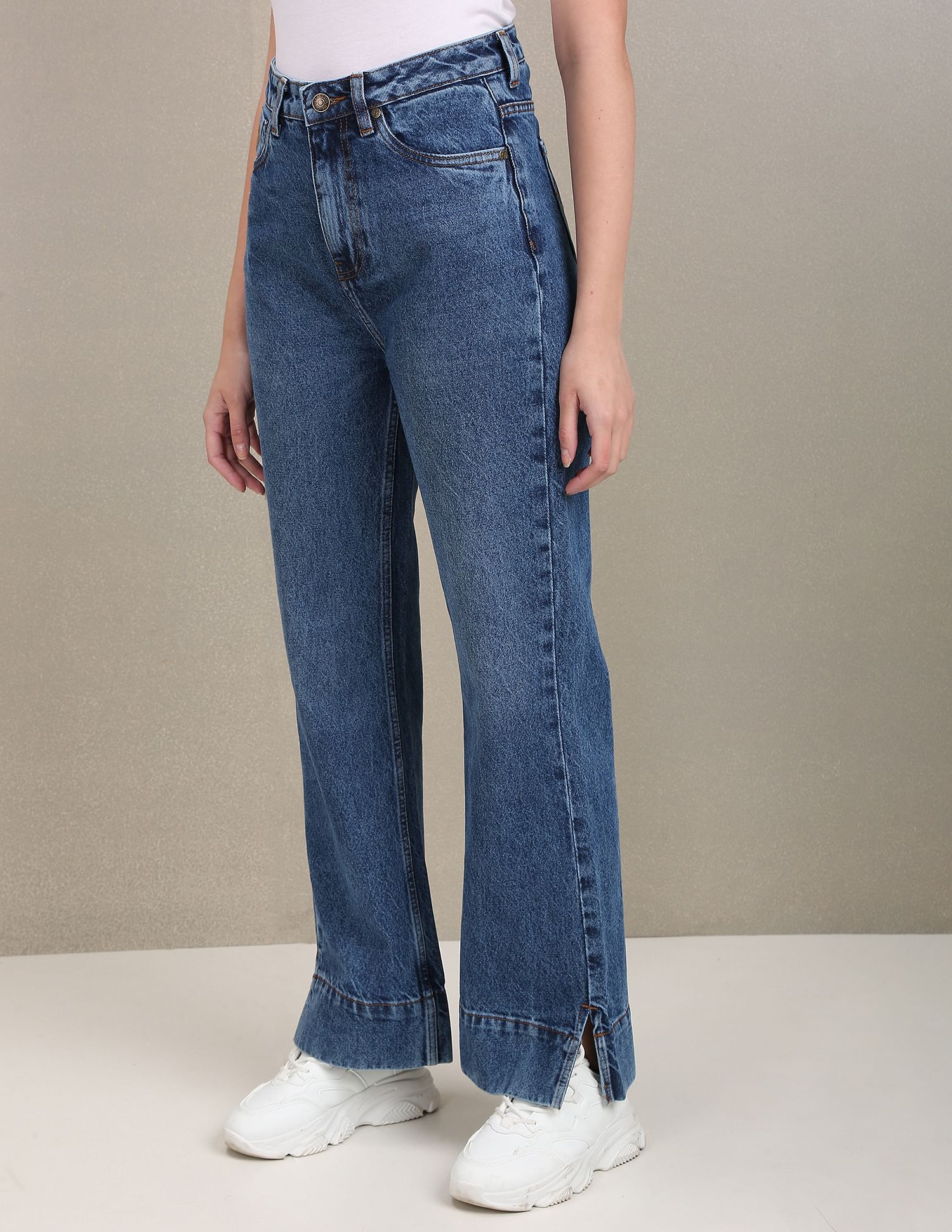 Acid Wash Vented Hem Flared Jeans Dark Blue - uspoloassn-test.in | Large