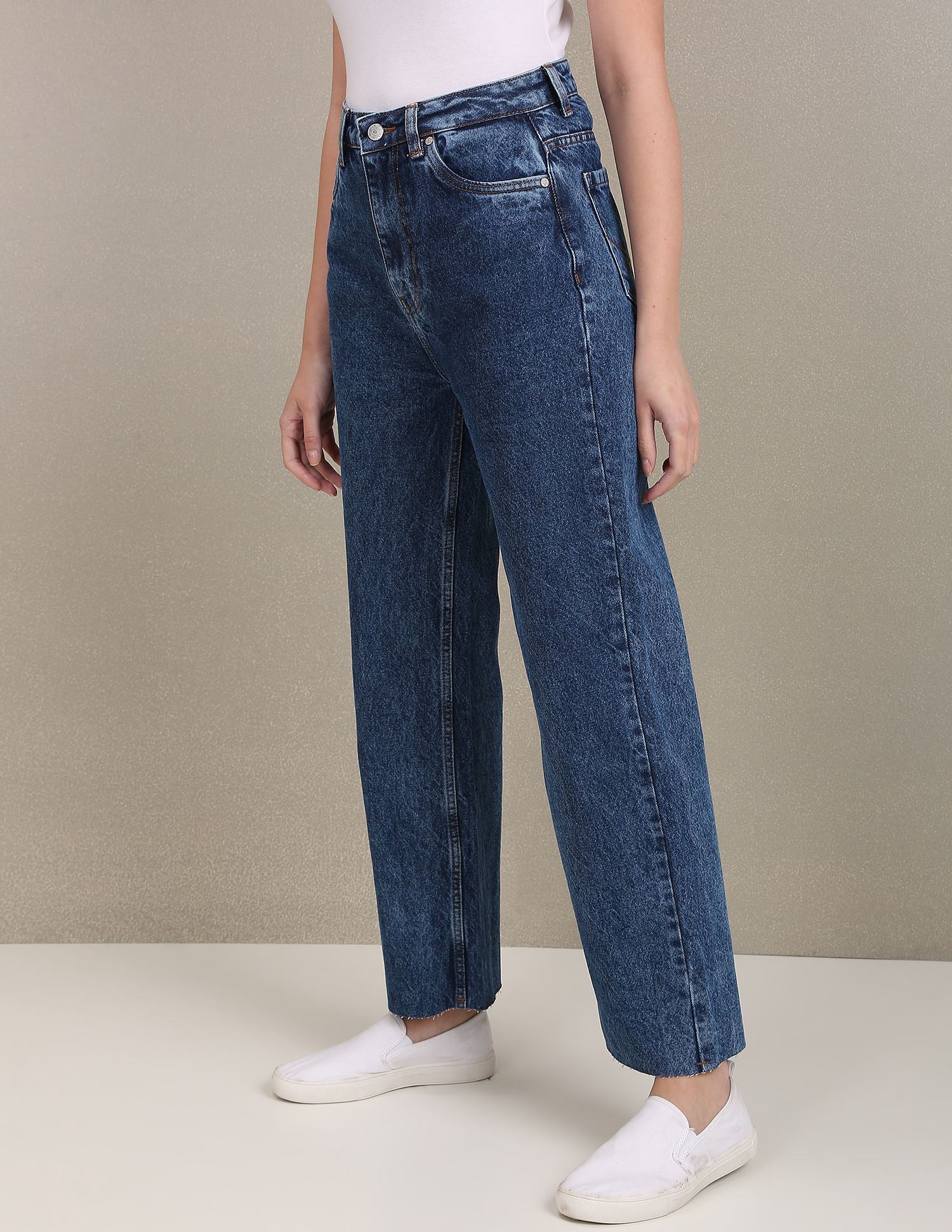 Acid Wash Unfinished Hem Wide Leg Jeans Dark Blue - uspoloassn-test.in | Large