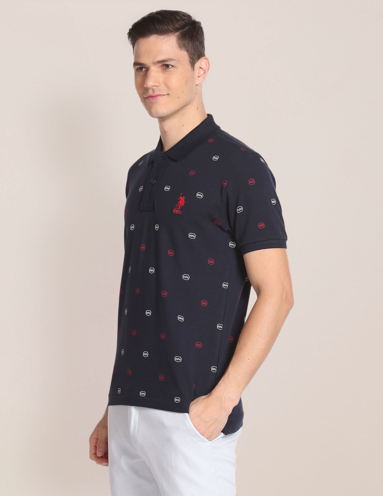 All Over Brand Print Cotton Polo Shirt Navy - uspoloassn-test.in | Large