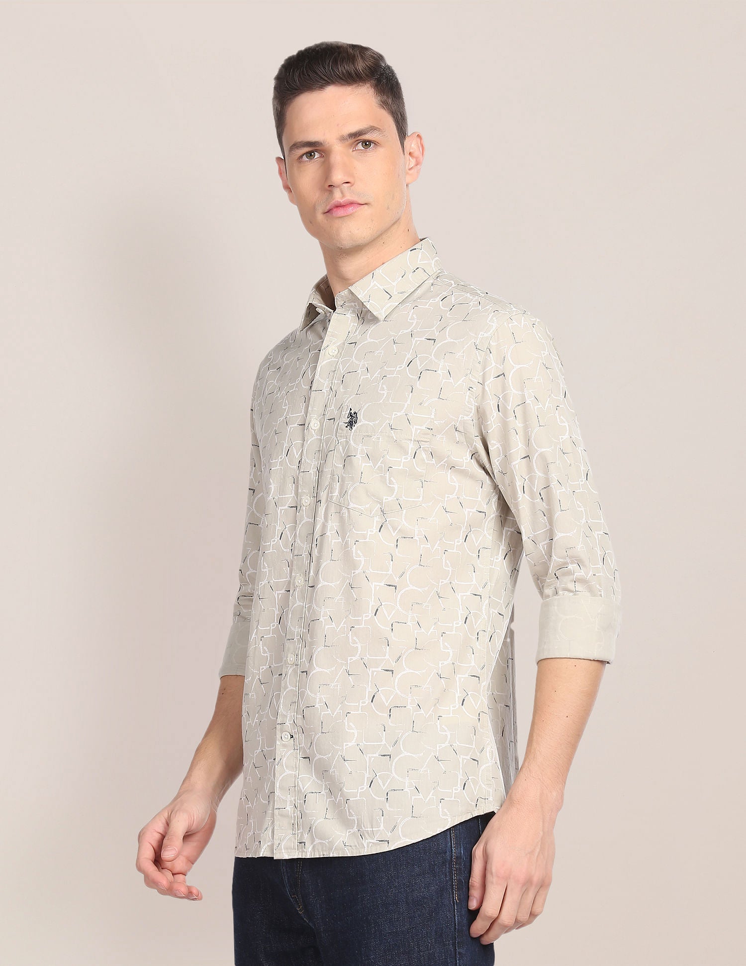 Abstract Print Tailored Fit Shirt Beige - uspoloassn-test.in | Large