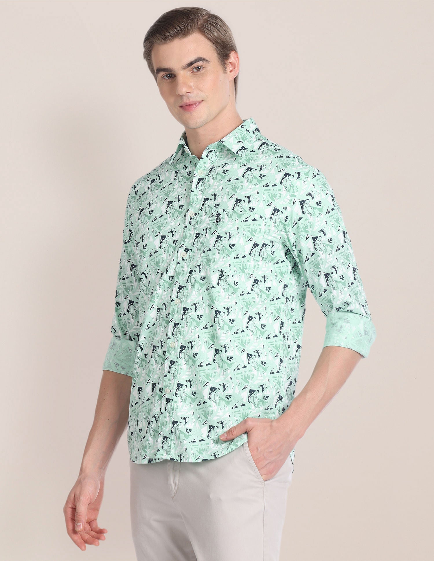Abstract Print Cotton Shirt Green - uspoloassn-test.in | Large