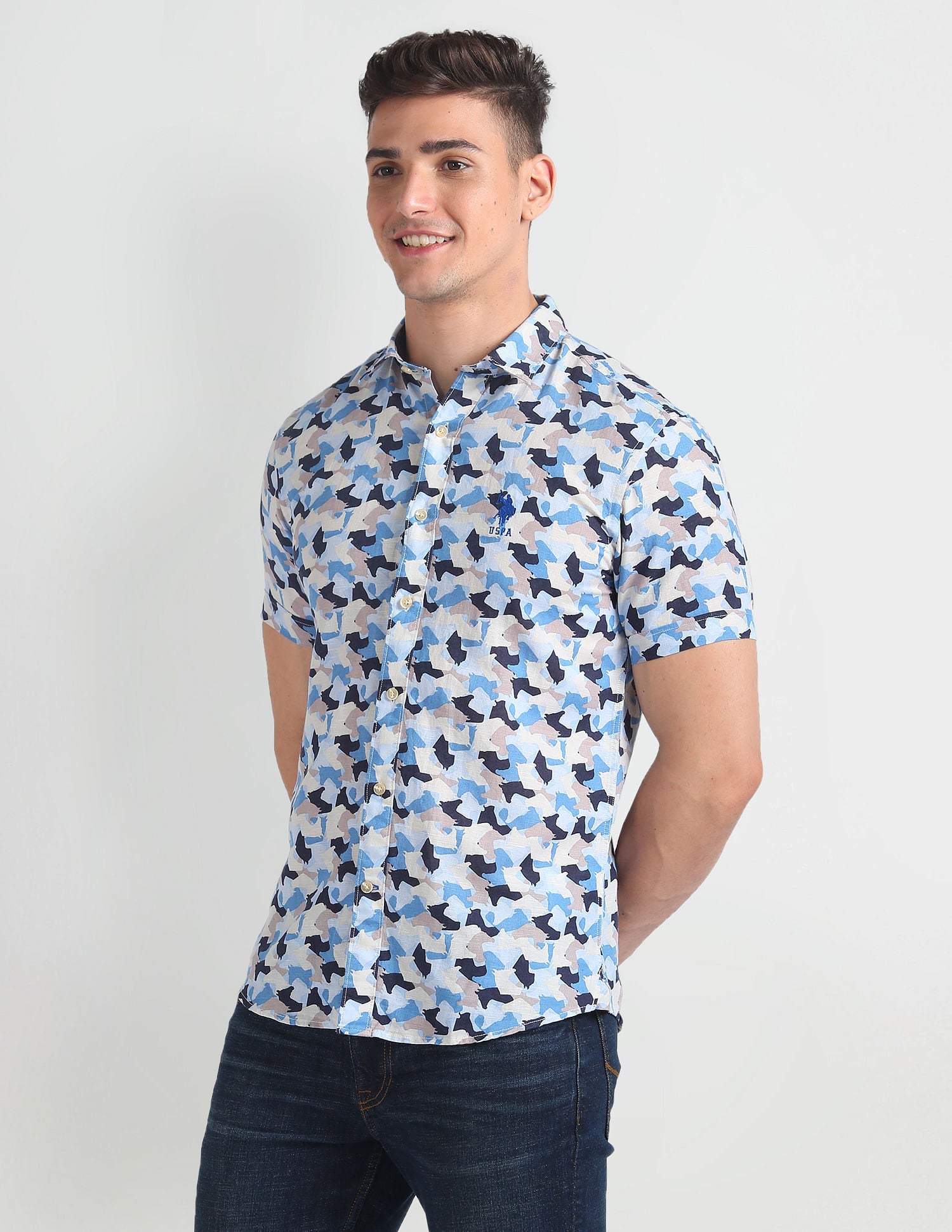 Abstract Print Slim Fit Shirt Blue - uspoloassn-test.in | Large