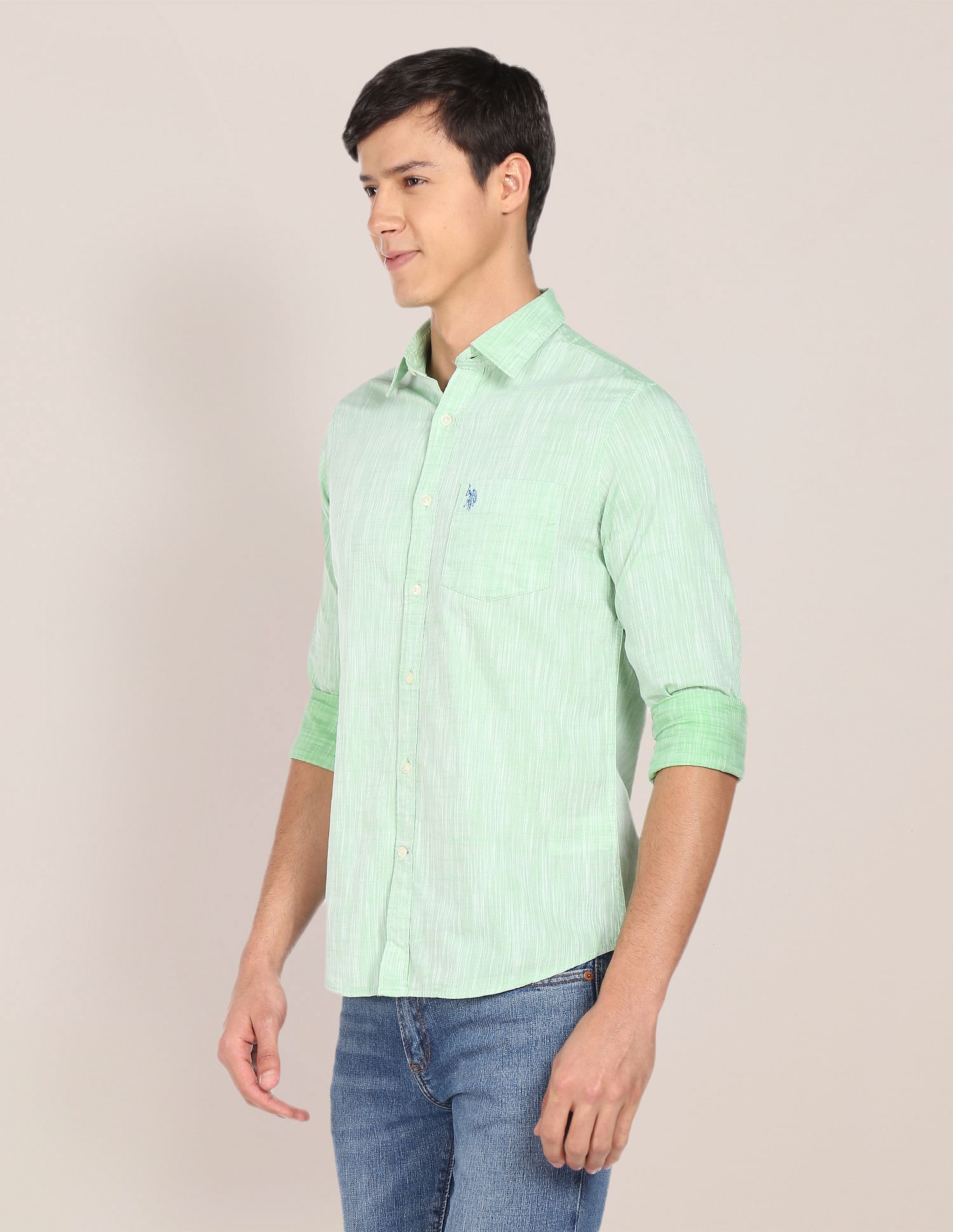 Abstract Tailored Regular Fit Cotton Casual Shirt Green - uspoloassn-test.in | Large