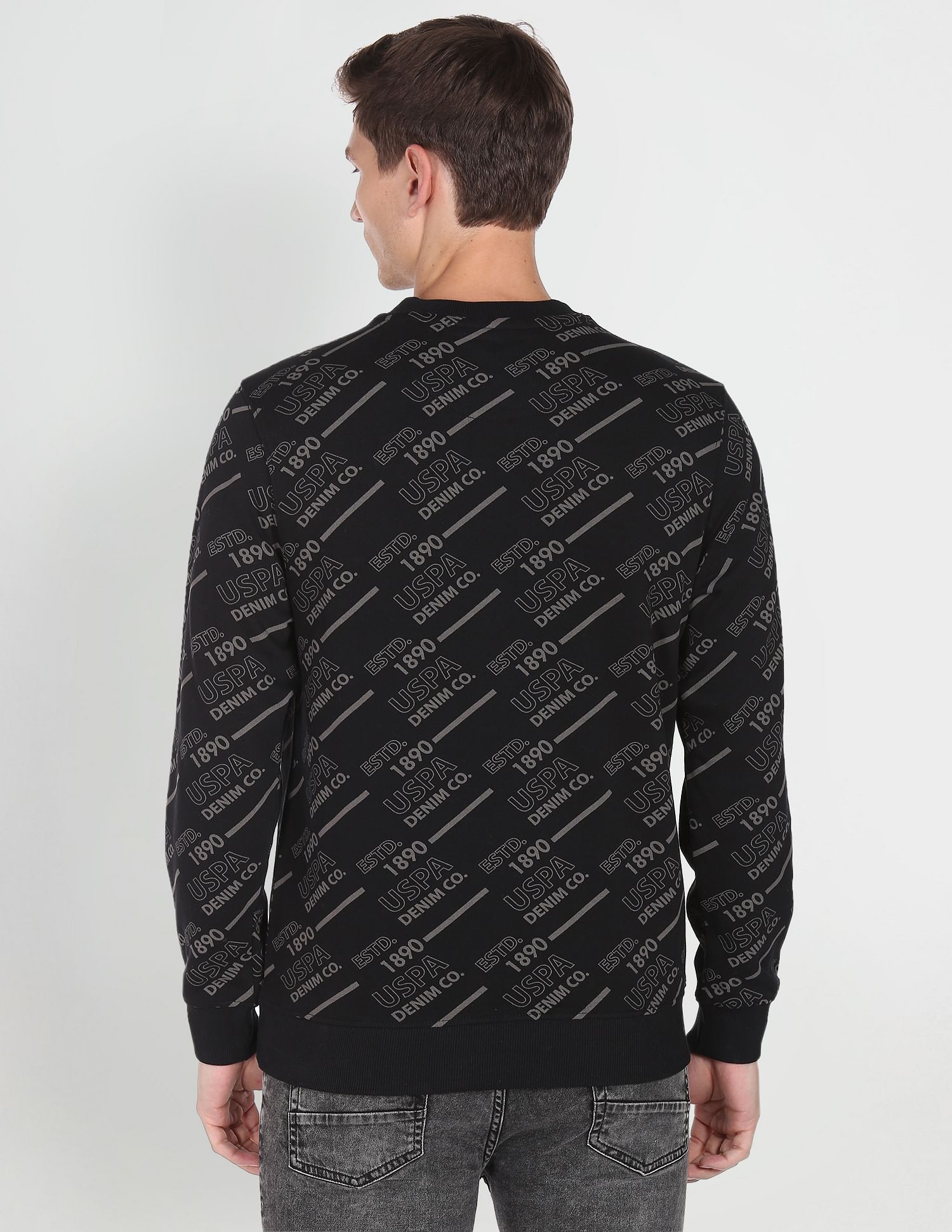 All Over Brand Print Cotton Sweatshirt Black - uspoloassn-test.in | Large