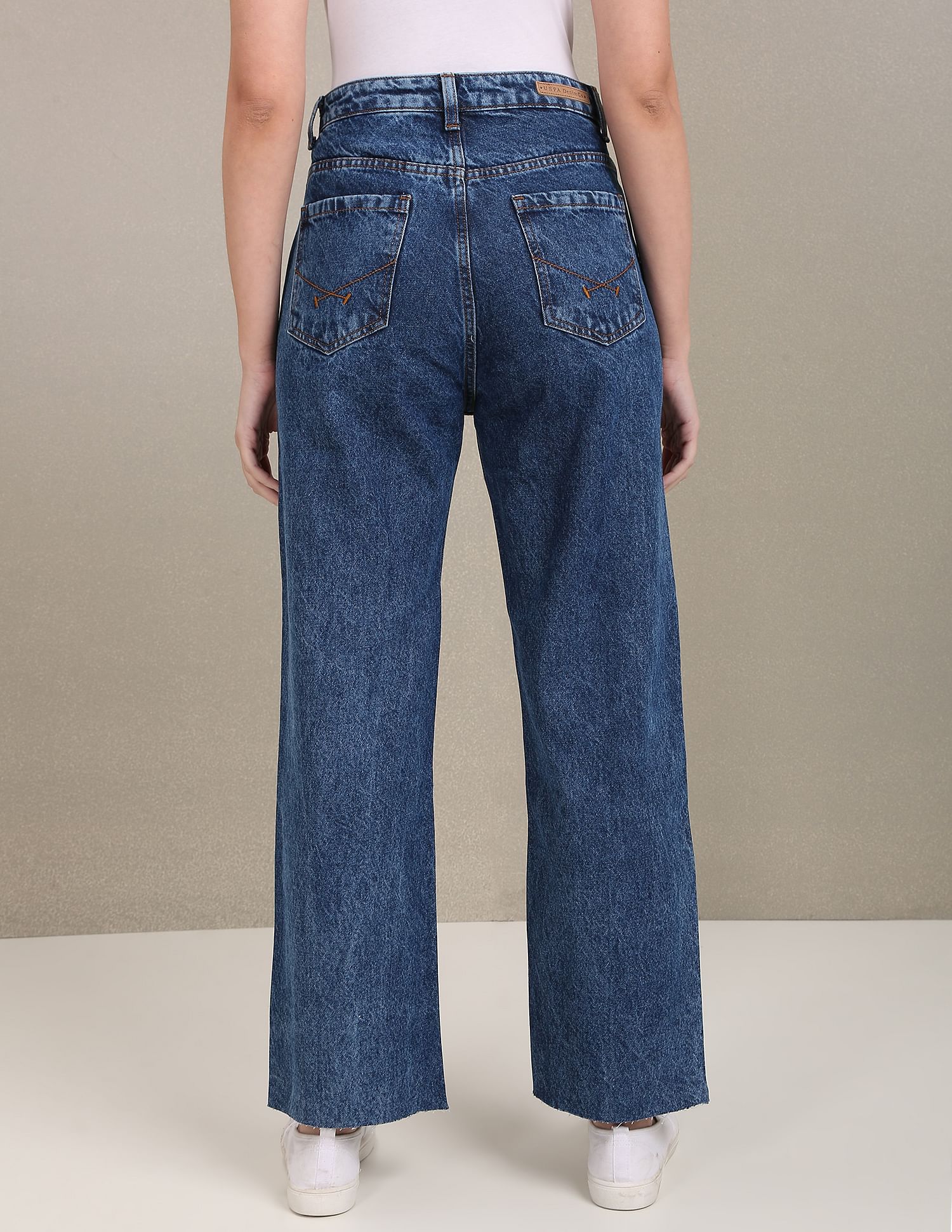 Acid Wash Unfinished Hem Wide Leg Jeans Dark Blue - uspoloassn-test.in | Large