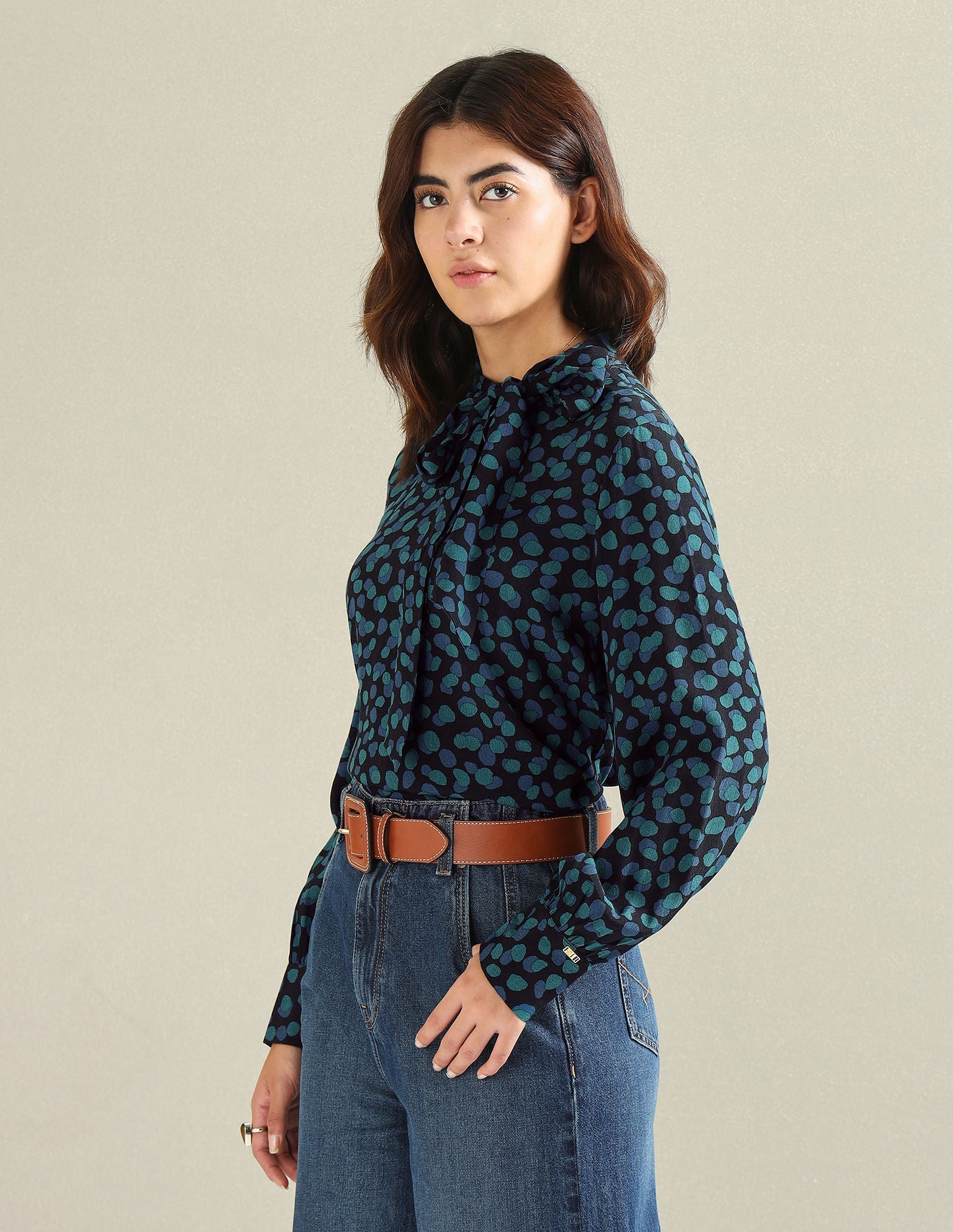 Abstract Print Bow Collar Top Blue - uspoloassn-test.in | Large