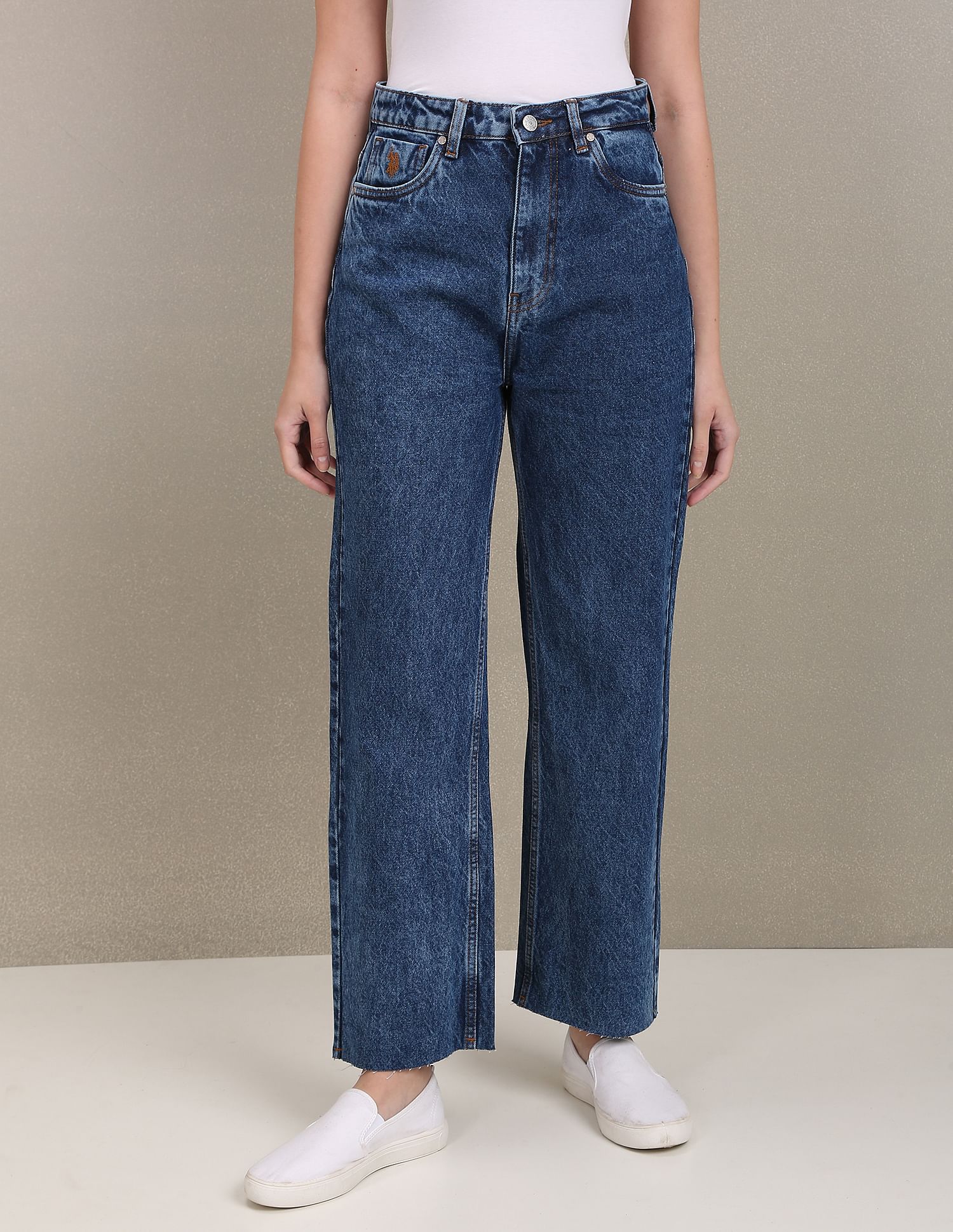 Acid Wash Unfinished Hem Wide Leg Jeans Dark Blue - uspoloassn-test.in | Large