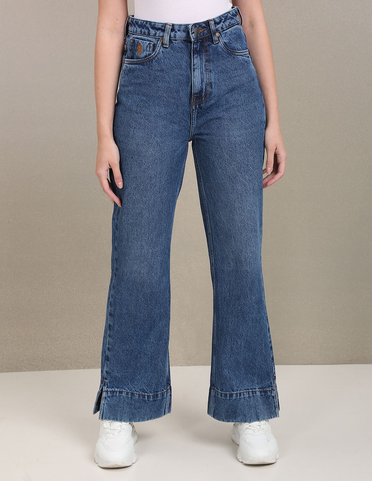 Acid Wash Vented Hem Flared Jeans Dark Blue - uspoloassn-test.in | Large