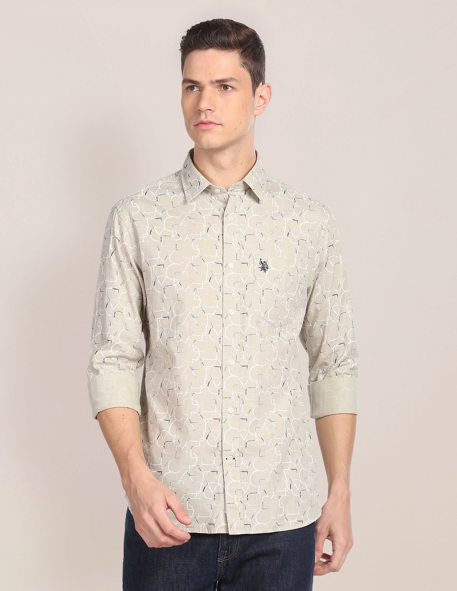 Abstract Print Tailored Fit Shirt Beige - uspoloassn-test.in | Large