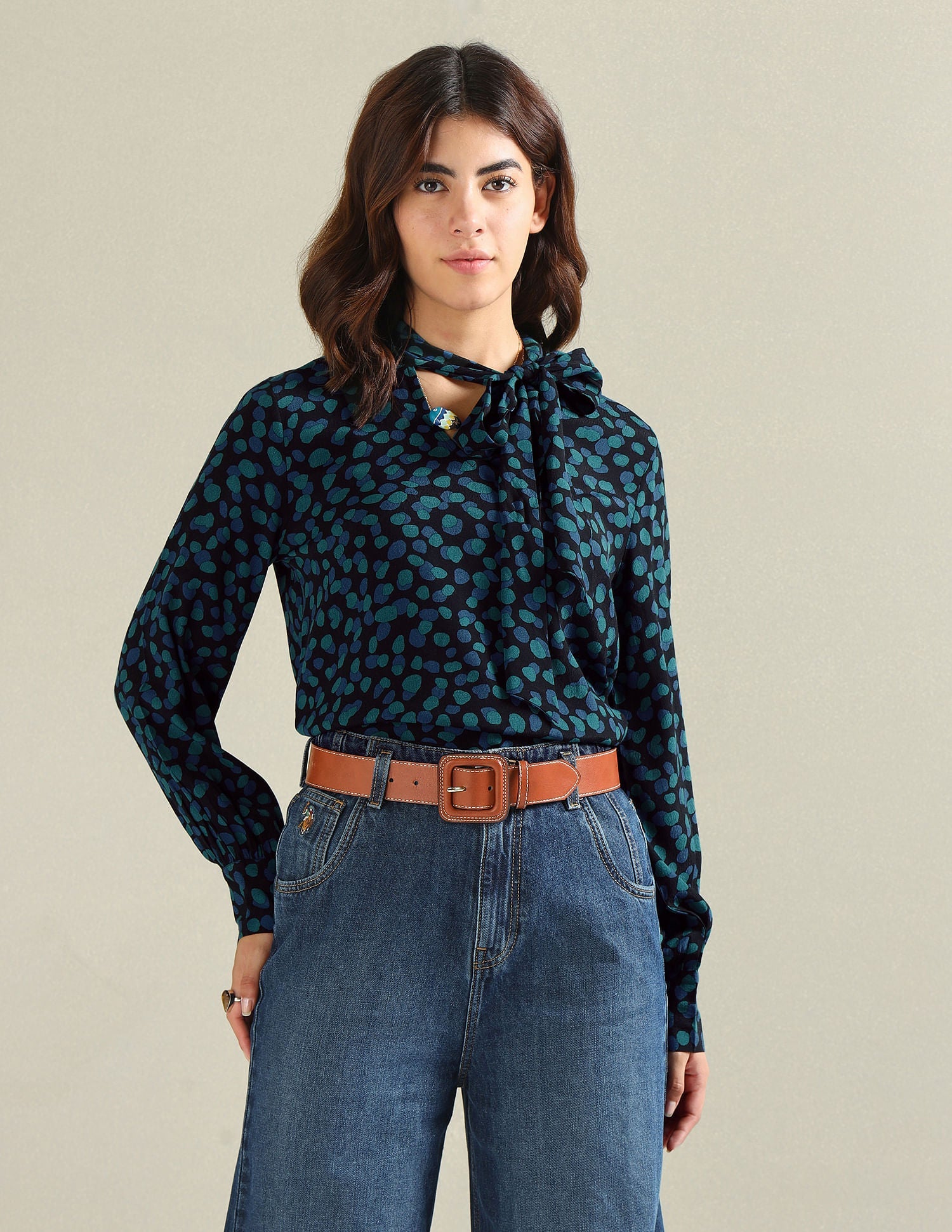 Abstract Print Bow Collar Top Blue - uspoloassn-test.in | Large